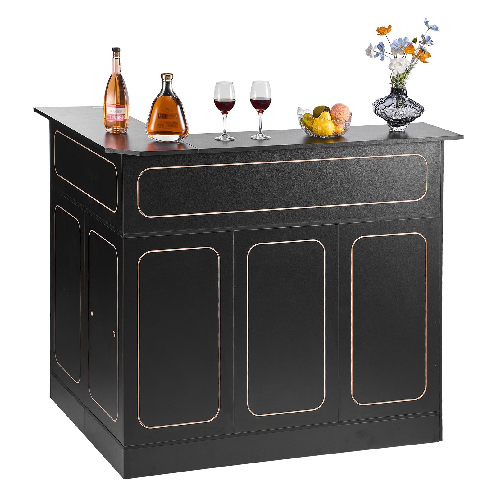 VEVOR L-Förmige Hausbar mit Stauraum, Bartheke mit 4 Ebenen & Weinglashalter, 136 kg Belastbar, Eck-Bartresen aus Holzwerkstoff für Zuhause Küche Wohnzimmer Keller, Bartisch 130 x 100 x 112 cm Schwarz