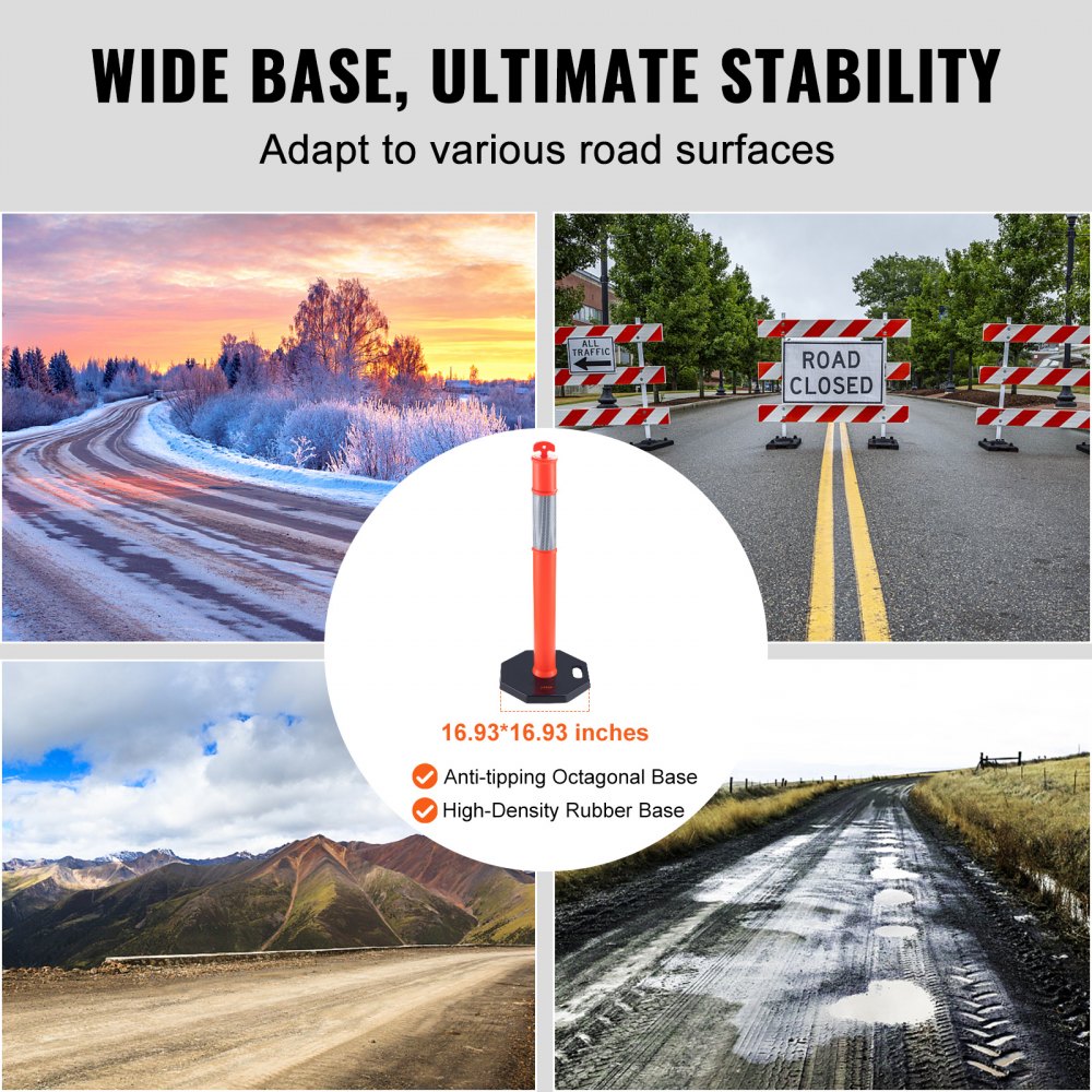 VEVOR Traffic Cones, 2-Pack, 430 x 430 mm Base, Warning Cones, Traffic Cones, Reflective Warning Cones, Guidepost Cones, Road Barrier Posts, Safety Posts, Red