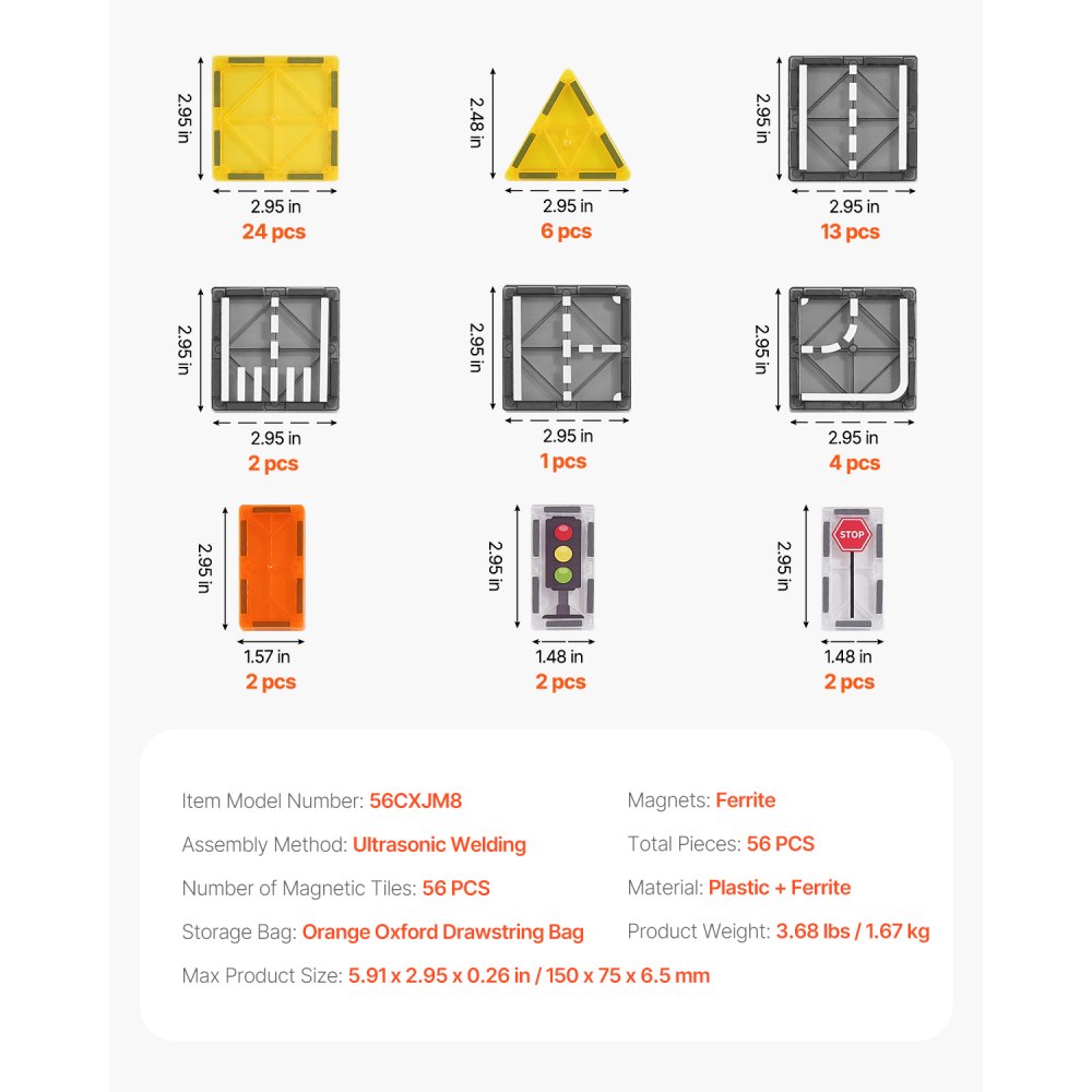 VEVOR Magnetische Bausteine, 56-teilig, magnetische Straßenbausteine, Magnetspielzeug mit Aufbewahrungstasche, STEM-Sensory-Pädagogisches Stadtkonstruktions-Stapelspielzeug, für Kinder ab 3 Jahren