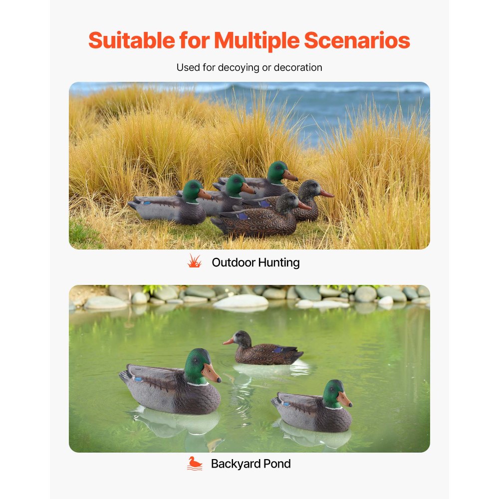 VEVOR Duck Decoys, Realistic Floating Duck Decoys, Weight Forward Swim, Impact-Resistant & Silent XPE Duck Hunting Decoy Outdoor for Hunting, for Pool, Pond, and Lake, Garden Yard Decoration, 6-Pack