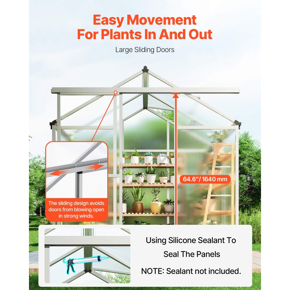 VEVOR Gewächshaus aus Polycarbonat, 184x126x193cm, Pflanzenhaus mit verstellbaren Lüftungsfenstern, Treibhaus im Pavillon-Stil mit Schiebetür, begehbares Gewächshaus-Set aus Aluminium für den Garten
