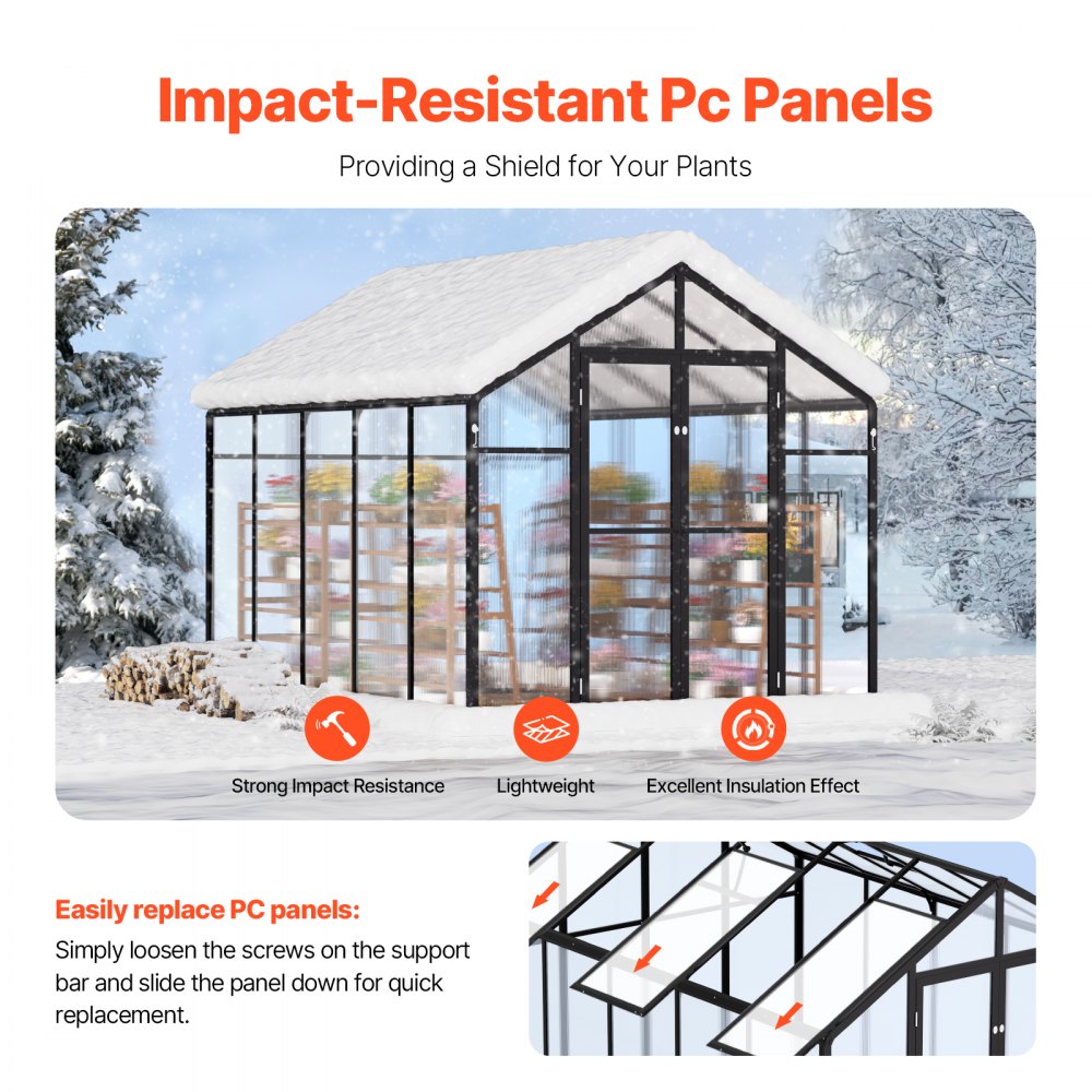 VEVOR Polycarbonate Greenhouse, 236x289x206 cm, Plant House with Ventilation Windows, Pavilion-Style Greenhouse with Hinged Door, Walk-in Aluminum Greenhouse Set for Outdoor Gardens