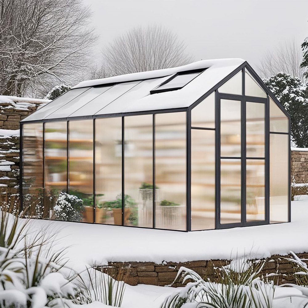 VEVOR Gewächshaus aus Polycarbonat, 236x346x207cm, Pflanzenhaus mit 2 Lüftungsfenstern, Treibhaus im Pavillon-Stil mit Flügeltür, begehbares Gewächshaus-Set aus Aluminium für den Garten im Freien