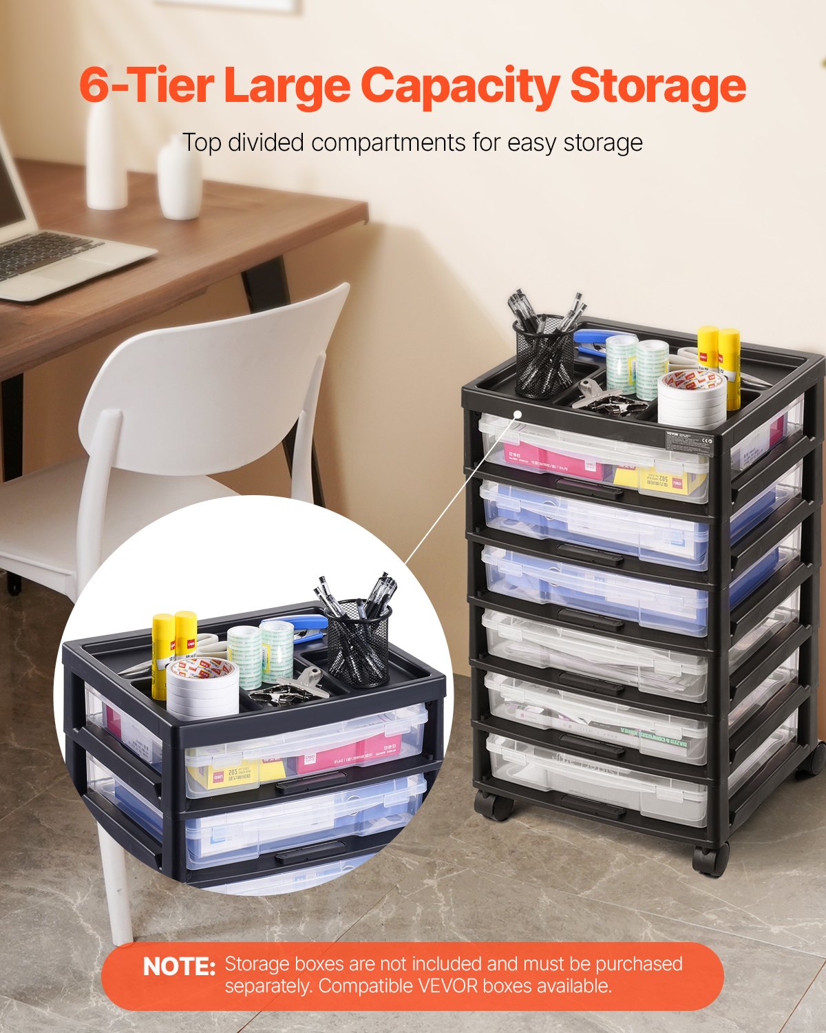 VEVOR Rolling Storage Frame, 6 Tiers, Large Capacity, Multifunctional Storage Organizer (Frame Only) Made of PP Material for Office Supplies, Tools, and Art Supplies, Black