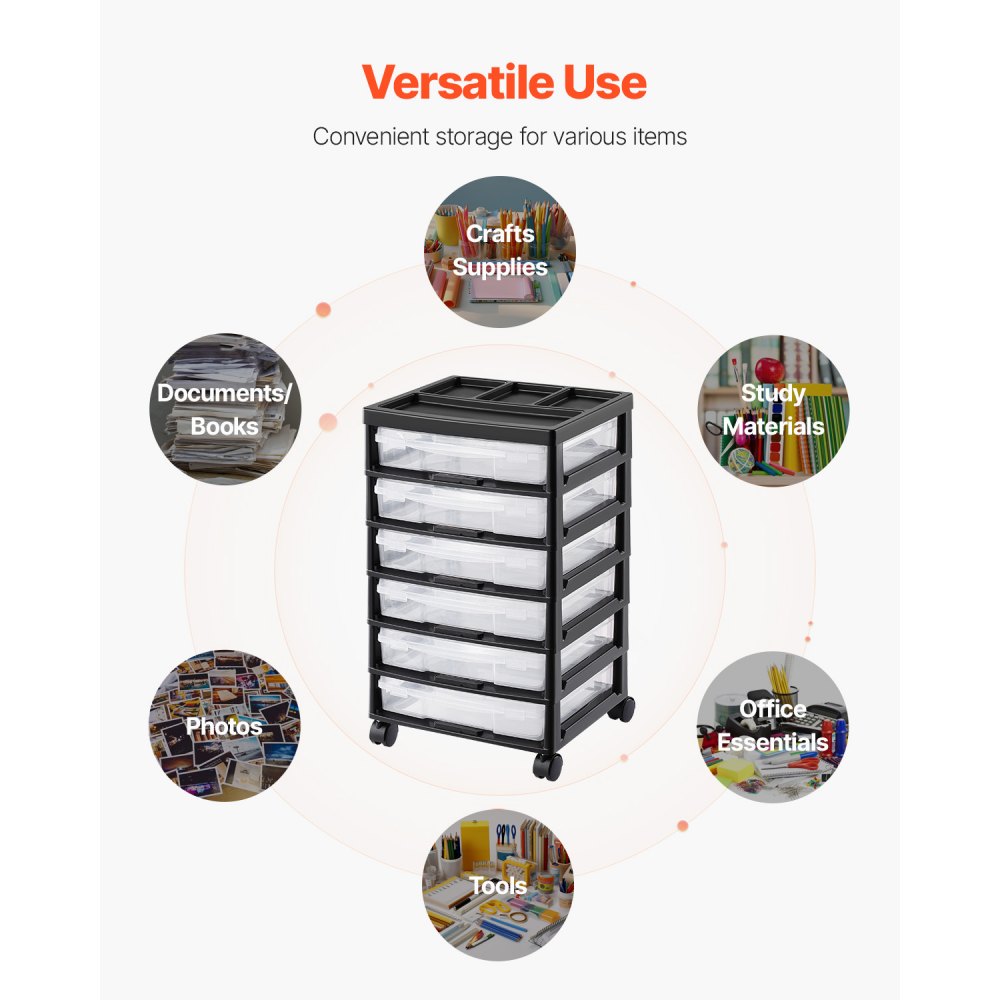 VEVOR Scrapbook Rolling Cart with 6 Tiers, Large Capacity, and Organizer Top, Black Frame with 6 Clear Sleeves & 4 Removable Wheels, Rolling Cart for Arts and Crafts Supplies