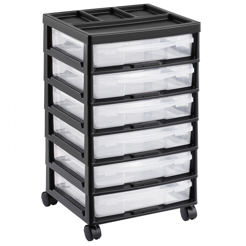 VEVOR Scrapbook Rolling Cart with 6 Tiers, Large Capacity, and Organizer Top, Black Frame with 6 Clear Sleeves & 4 Removable Wheels, Rolling Cart for Arts and Crafts Supplies