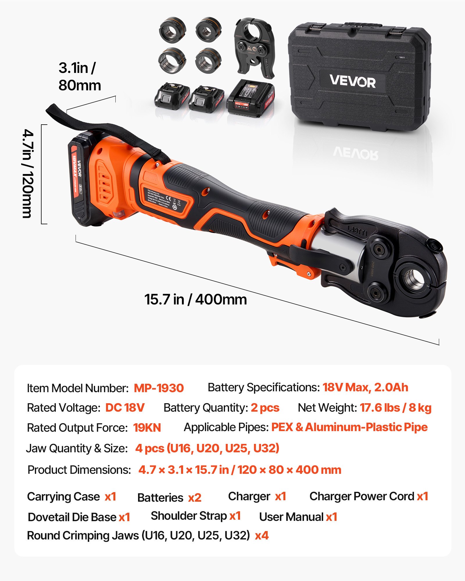 VEVOR Pressmaschine, 18-V-Elektro-Rohrpresswerkzeug-Set für PEX- & Aluminium-Kunststoff-Rohre – mit Pressbacken U16, U20, U25 & U32, 2 x 2-Ah-Akkus, Schnellladegerät & Tragekoffer