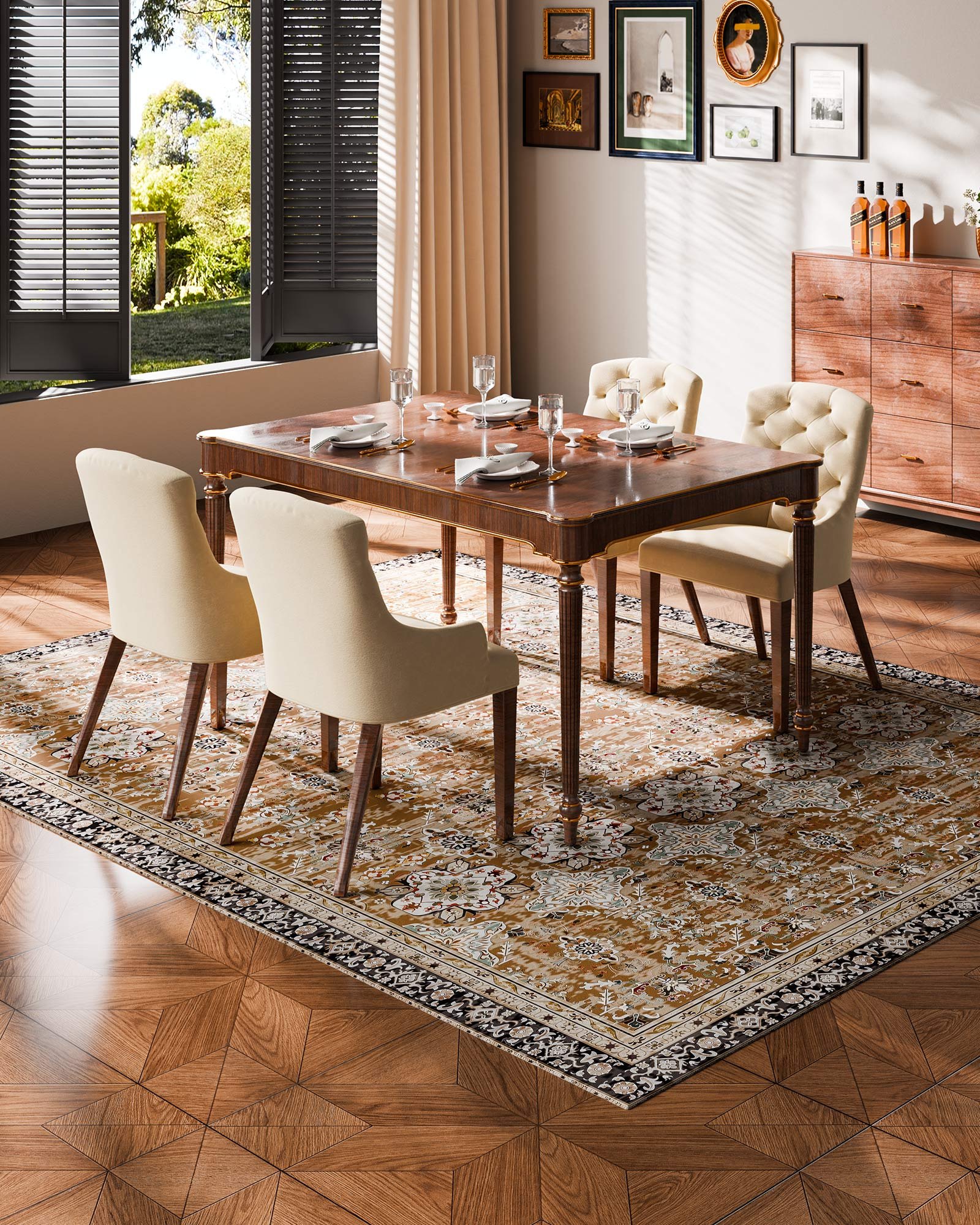 VEVOR Wohnzimmerteppich  2286x2896 mm, Kurzflor, waschbarer Flächenteppich, rutschfester Teppich, Vintage-Innenmatte für Schlafzimmer, Wohnzimmer, Büro, Eingangsbereich, Braungrün