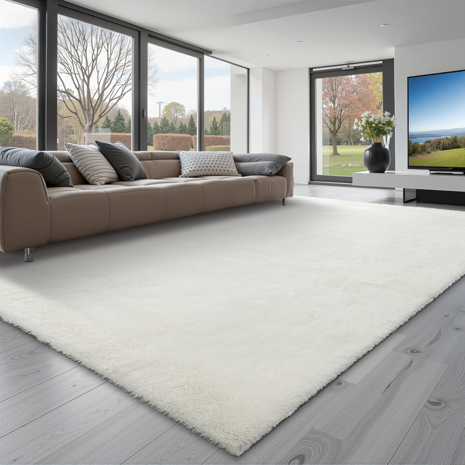 VEVOR Hochflor Teppich 3048x2438 mm, flauschiger Wohnzimmerteppich mit dreilagigem Material, 35 mm Florhöhe, für Wohnzimmer, Schlafzimmer, Loungebereich, fusselfrei und weicher, weiß