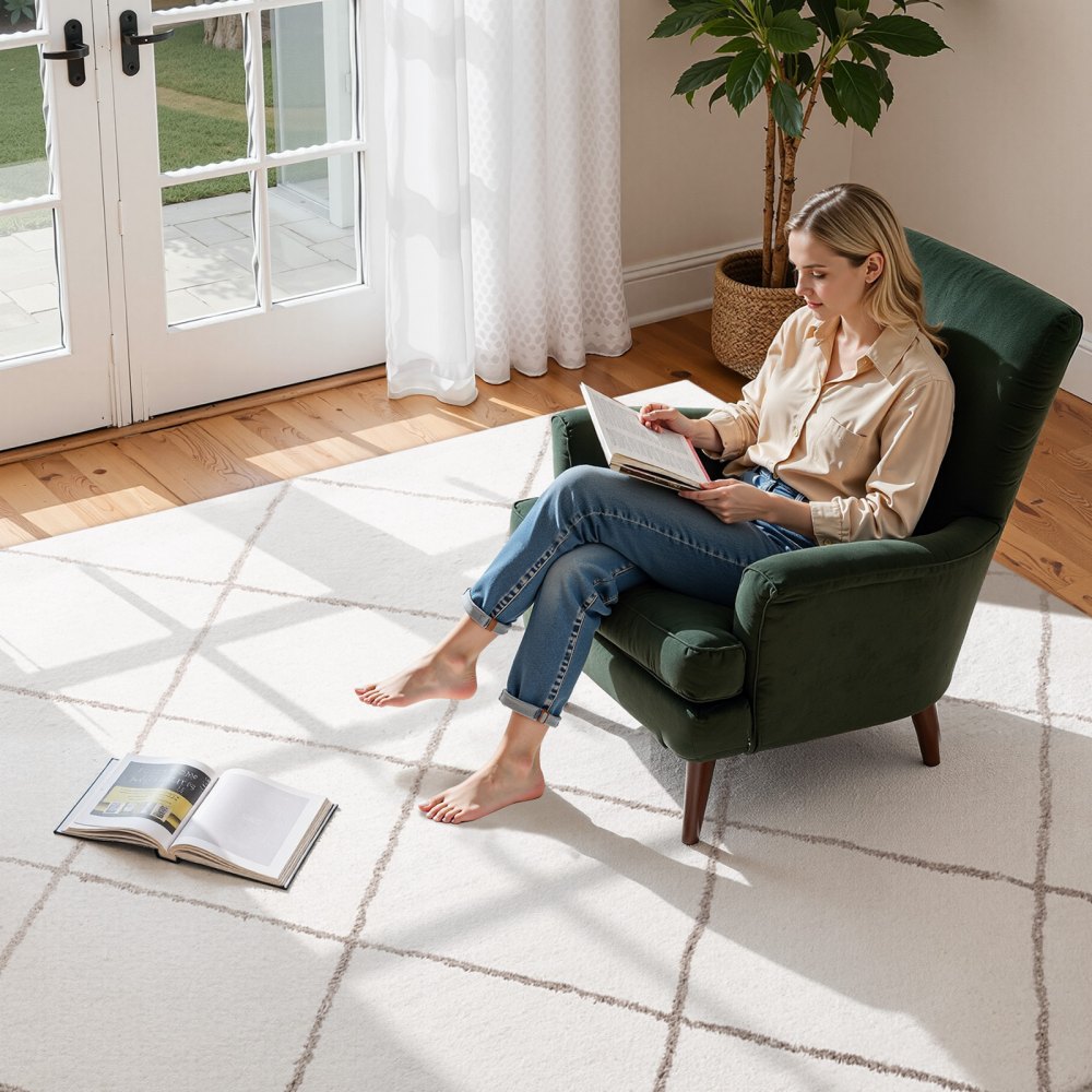 VEVOR Kurzflor Teppich 3048 x 2438 mm, kuscheliger Wohnzimmerteppich, Bodenteppich für Wohnzimmer, Schlafzimmer, Arbeitszimmer, fusselfrei und mit rutschfester TPR-Unterseite, weiß