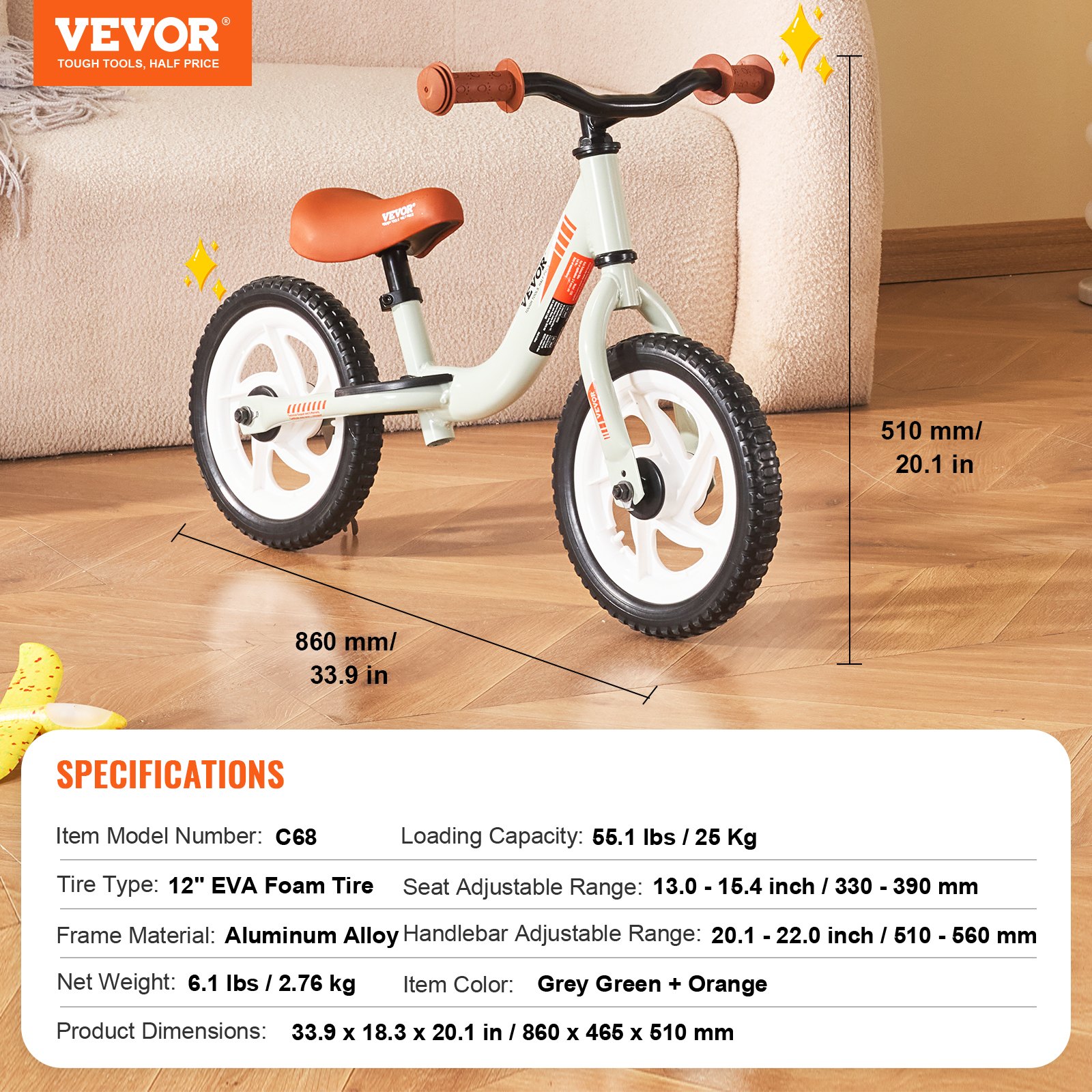 VEVOR Laufrad für Kleinkinder, leichtes Laufrad aus Aluminiumlegierung für Kinder, mit verstellbarem Sitz und Lenker, 12-Zoll-Reifen aus EVA-Schaum, Fahrrad ohne Pedale, Geschenk für Jungen und Mädchen im Alter von 1–5 Jahren, 55 Pfund Tragkraft