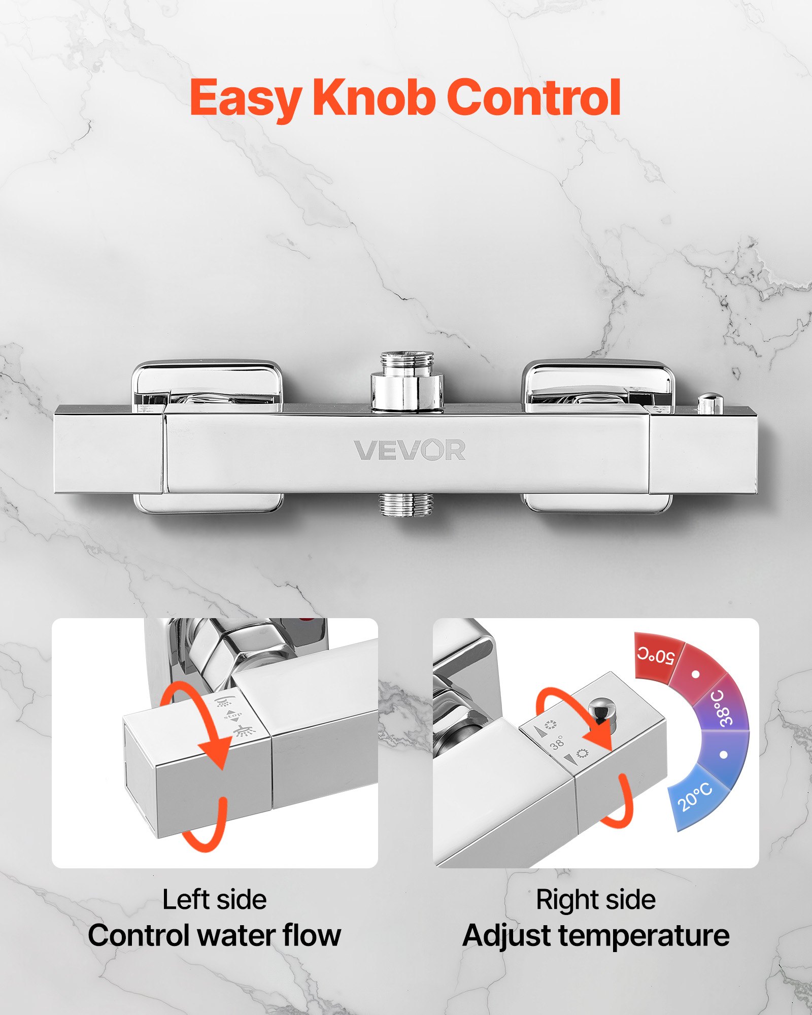 VEVOR Thermostatic Shower Faucet Valve, 38℃ Secure Lock Thermostatic Shower Faucet Valve, Hot Cold Water Showering Faucets Temperature Control Valves for Bathroom, RV, Hotel, Two Holes & Chrome Silver