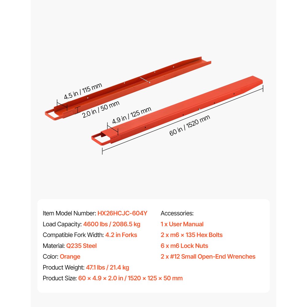 VEVOR 1 Paar Gabelverlängerungen 1520x115mm Zinkenverlängerungen 2086,5kg, Gabelzinken zum Bewegen & Transportieren für Lager Baustelle Dock & Hof, Stahlkonstruktion, mit Bolzenverriegelung, Orange