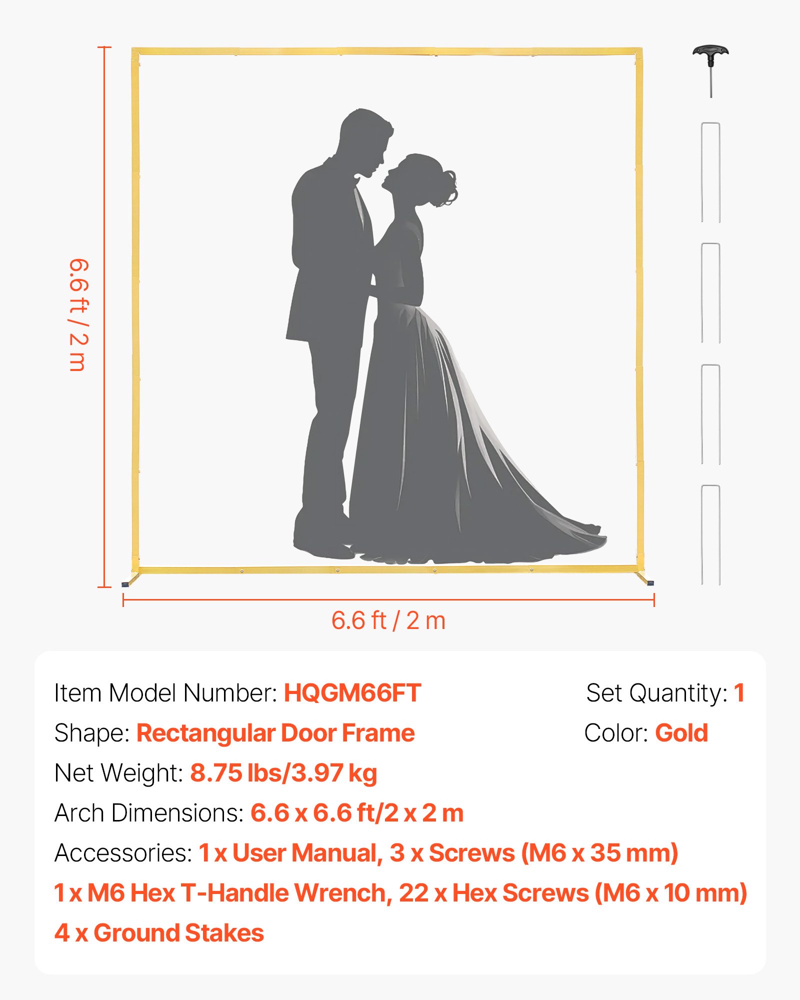 VEVOR Arch Backdrop Stand, 2 x 2 m, Stable Structure, Easy Assembly, Square Gold Metal Arch Backdrop Stand for Wedding, Birthday Party, Graduation, Holiday Celebration, and Ceremony Decoration