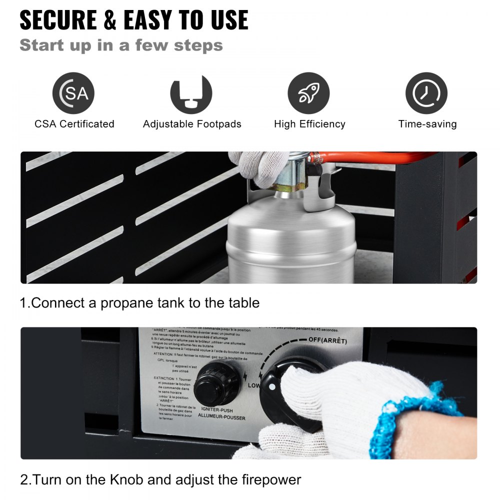 VEVOR Outdoor Feuertisch 137cm Gas-Feuerstelle Kohlenstoffstahl Feuerschale Gaskamin 137x56x63cm inkl. Stahldeckel Windschutz Regenschutz 9L Propan-Tank für 9Stunden Feuertisch für Terrasse Garten