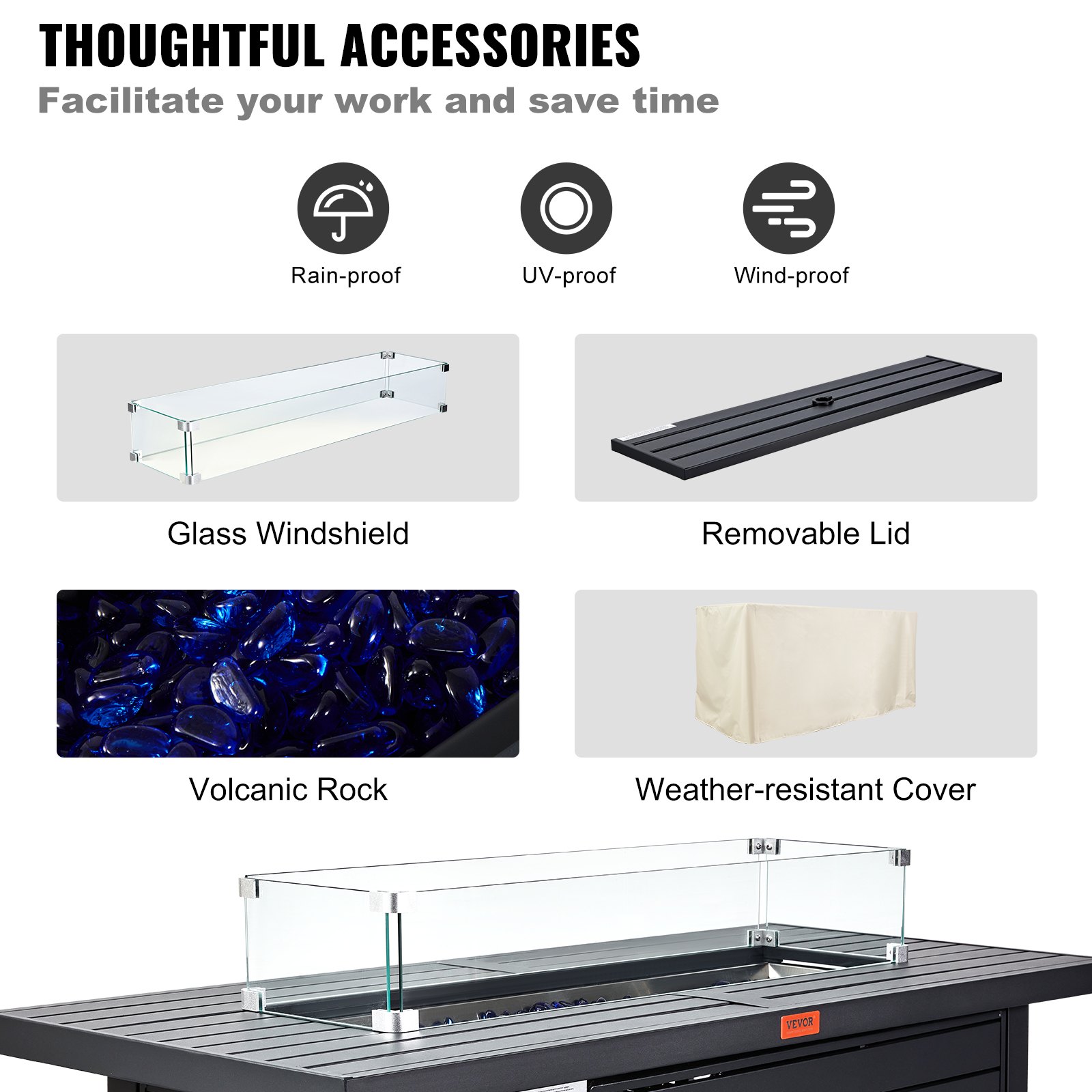 VEVOR Outdoor Feuertisch 137cm Gas-Feuerstelle Kohlenstoffstahl Feuerschale Gaskamin 137x56x63cm inkl. Stahldeckel Windschutz Regenschutz 9L Propan-Tank für 9Stunden Feuertisch für Terrasse Garten