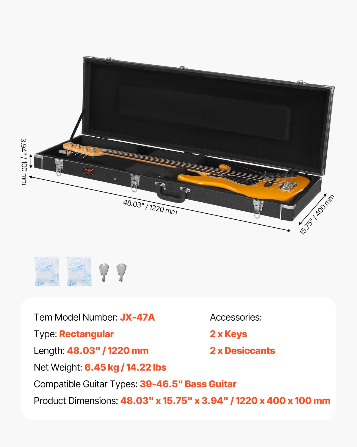 VEVOR Gitarrenkoffer Hartschalenkoffer für Bassgitarre Case 122cm / 48,03 inch Abschließbar