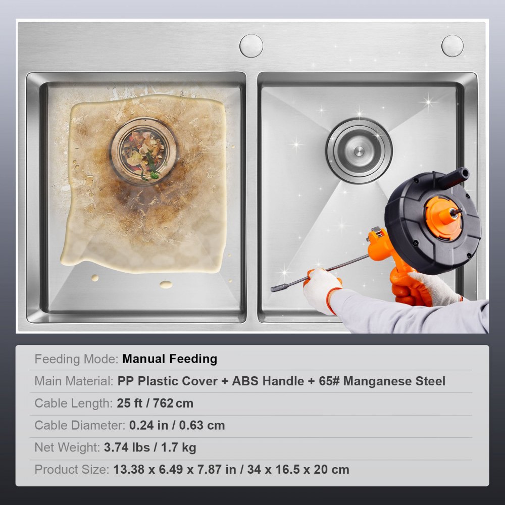 VEVOR Drain Cleaning Spiral 0.63x762cm Spring Steel Cable Drain Cleaner with Drum Manual & Electric Manual Feed Drain Cleaning Shaft Drain Cleaning Device for Toilet Sewer Floor Drain