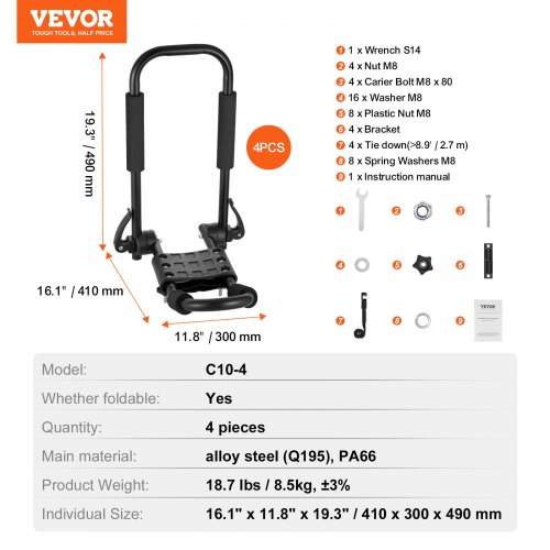 VEVOR Kajak-Dachträger Set – 4 J-Bars Für Bis Zu 2 Kajaks, 150 Lbs Tragkraft
