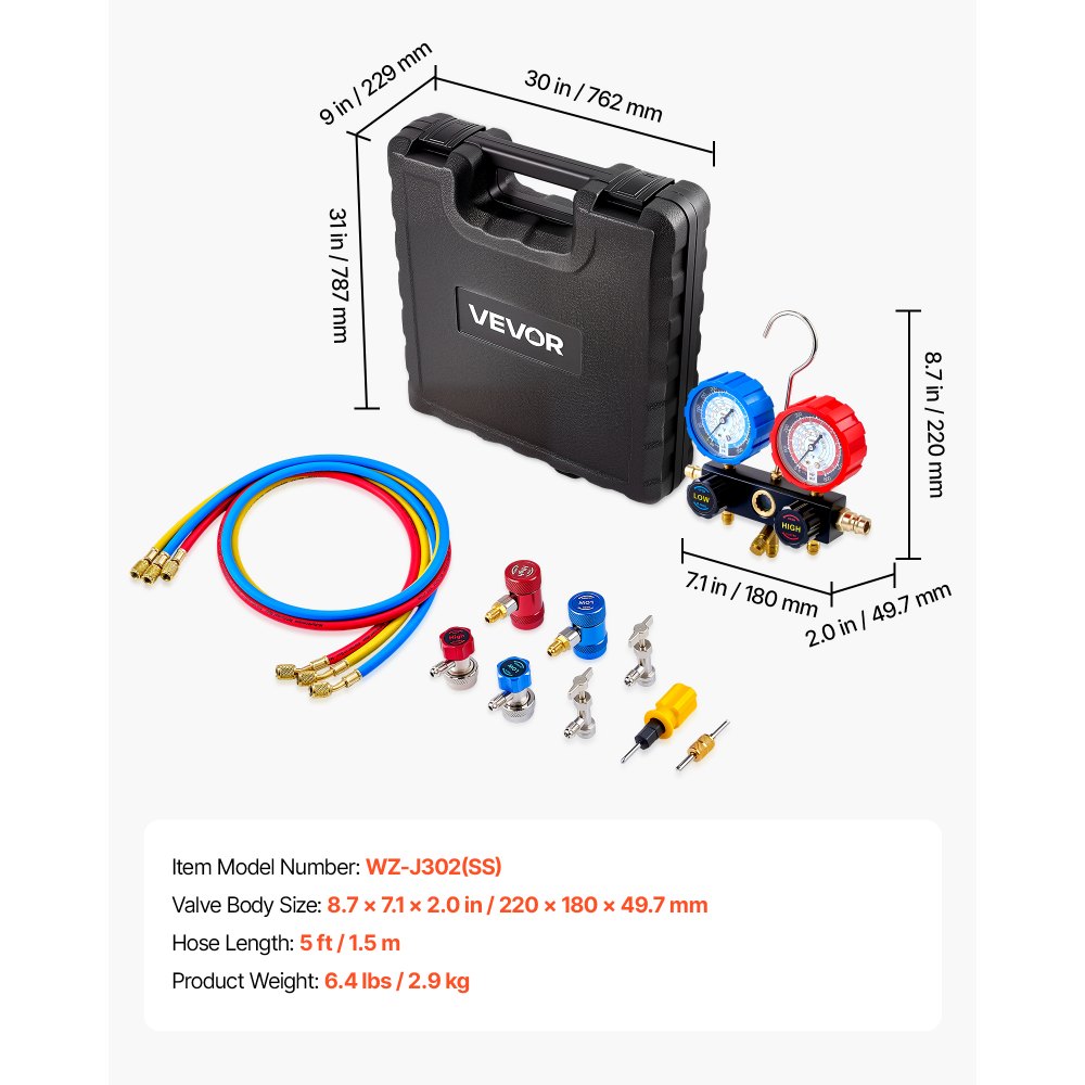 VEVOR AC Manifold Gauge Set for R134a R404A R1234yf R22 Refrigerant, 3 Way AC Gauge with 1.5m Hoses, Adapters, Quick Couplers, Can Taps for Automotive Air Conditioning Maintenance, Charging Evacuation