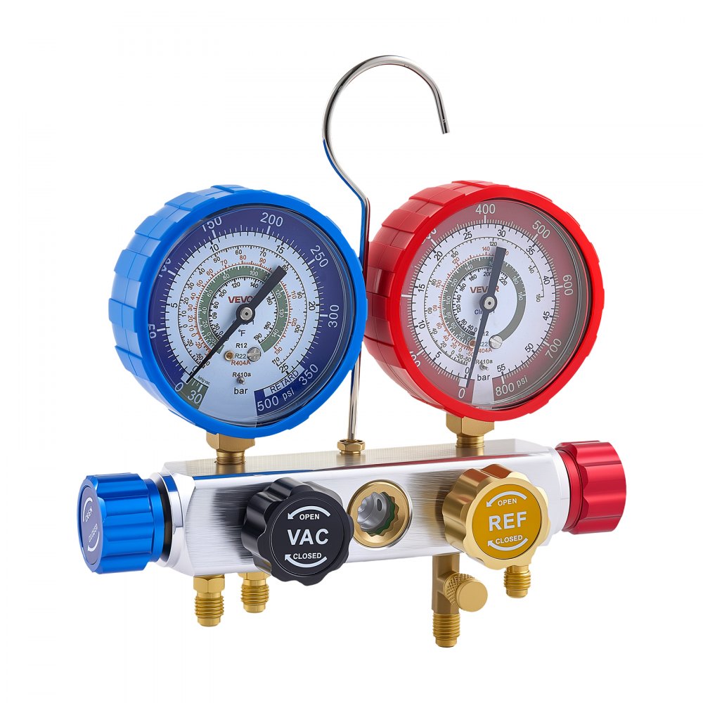 VEVOR Klimaanlagen-Manometer-Set für R22 R404A R410A R12 Kältemittel,4-Wege-Manometer mit 1,5-m-Schläuchen, für Wartung Evakuierung Befüllung Rückgewinnung von Klimaanlagen in Fahrzeugen Haushalten