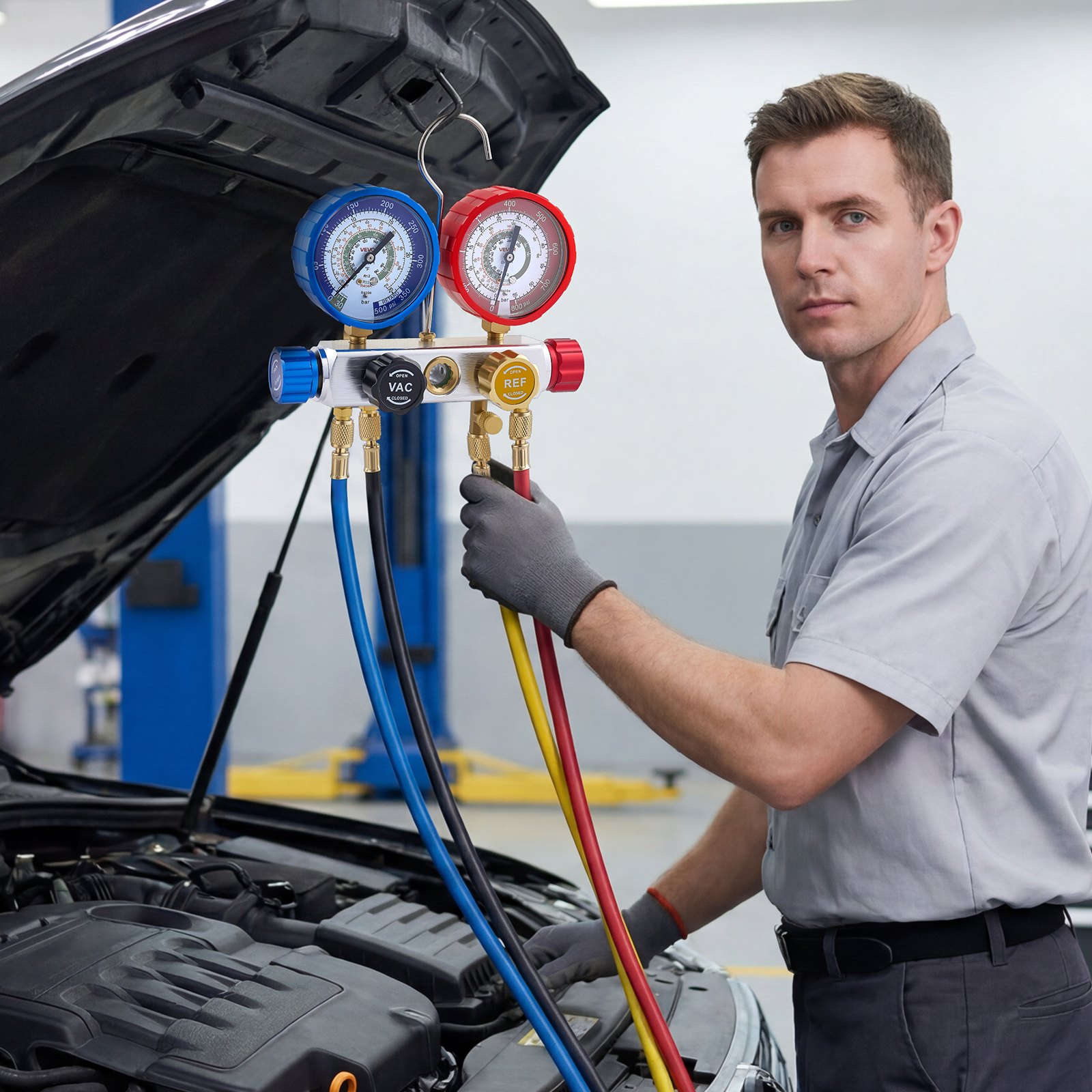 VEVOR Klimaanlagen-Manometer-Set für R22 R404A R410A R12 Kältemittel,4-Wege-Manometer mit 1,5-m-Schläuchen, für Wartung Evakuierung Befüllung Rückgewinnung von Klimaanlagen in Fahrzeugen Haushalten