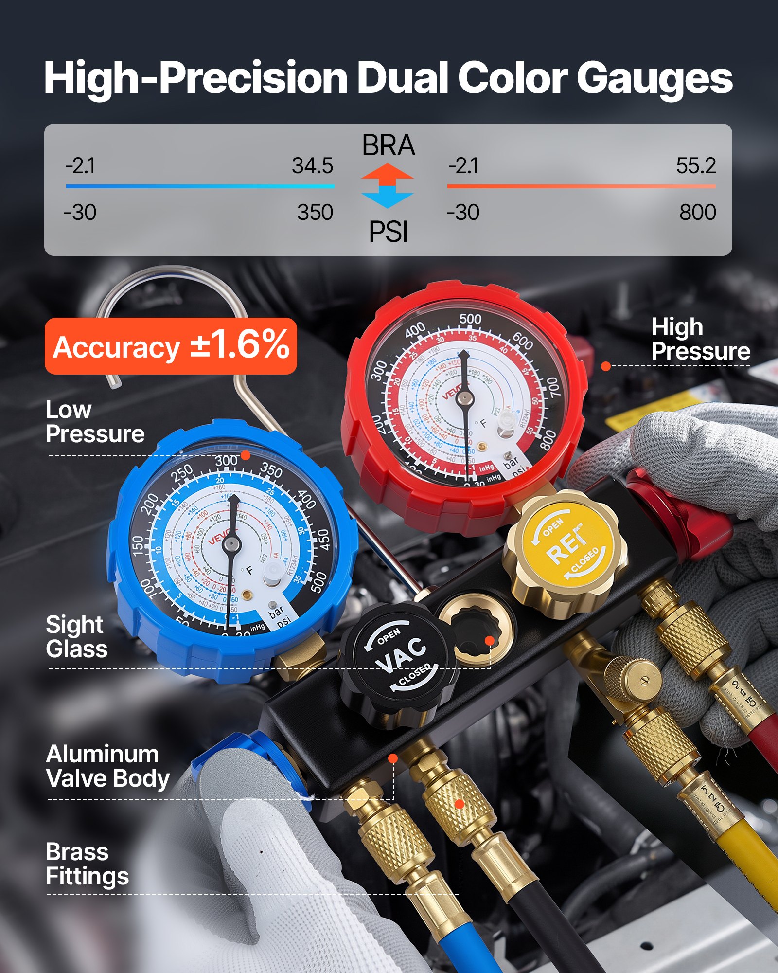 VEVOR AC Manifold Gauge Set for R134a R404A R1234yf R22 Refrigerant, 4 Way AC Gauge with 1.5m Hoses, Adapters, Quick Couplers, Can Taps for Automotive Air Conditioning Maintenance, Charging Evacuation