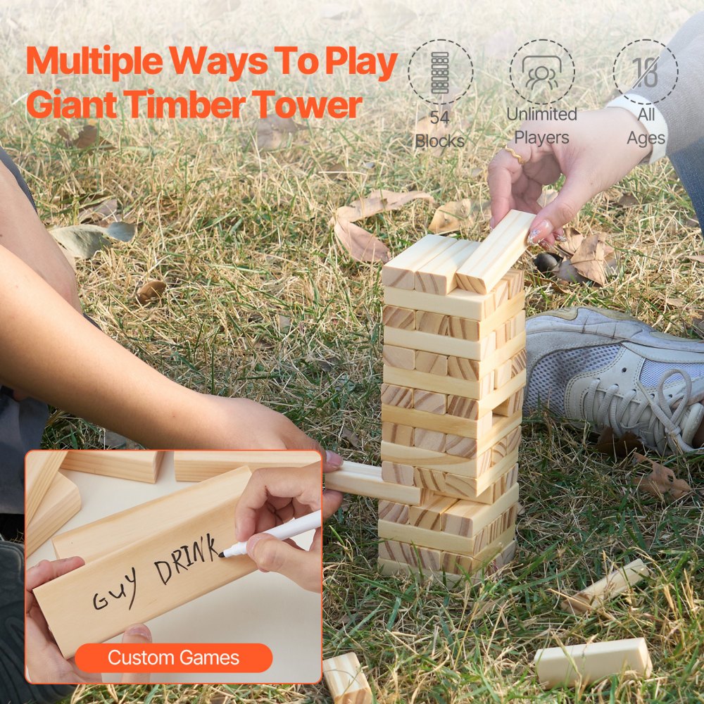 VEVOR Wackelturm mit 54 Blöcken, Tumbling Tower aus Kiefernholz, Holzturm Höhe bis 27 cm, Holzstapelspiel für 1 oder mehr Spieler, Tumbling Tower-Familienspiele für drinnen/draußen Party