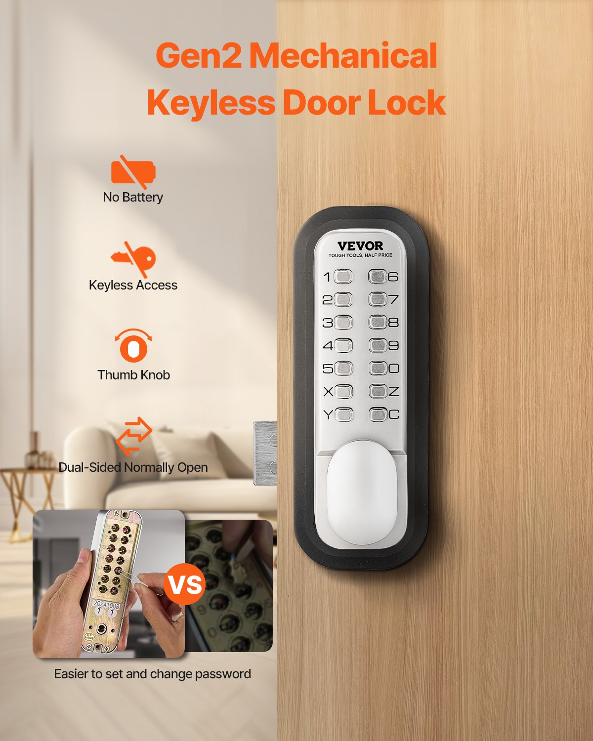 VEVOR mechanical keyless door lock with single-sided keypad (14 keys), keyless door lock with rotary knob, code lock for house, office, outdoor fence, yard, silver (35-65 mm thick door)