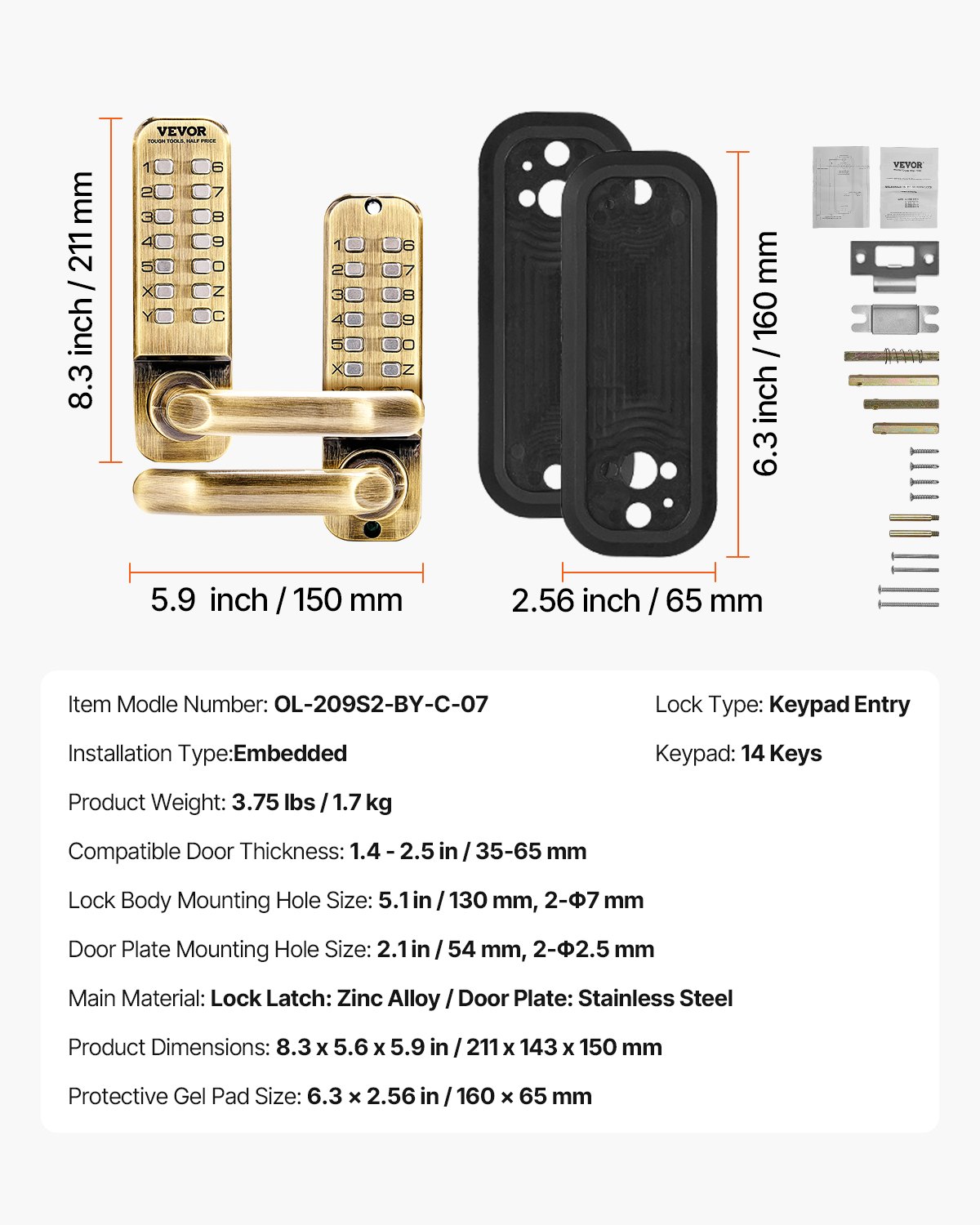 VEVOR mechanical keyless door lock with double-sided keypad (14 keys), keyless door lock with handle, code lock for house, office, outdoor fence, yard (35-65 mm thick door)