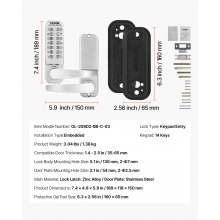 VEVOR mechanisches schlüsselloses Türschloss mit einseitiger Tastatur (14 Tasten), schlüsselloses Türschloss mit Griff, Codeschloss für Haus Büro Außenzaun Hof Silber (35-65 mm starke Tür)