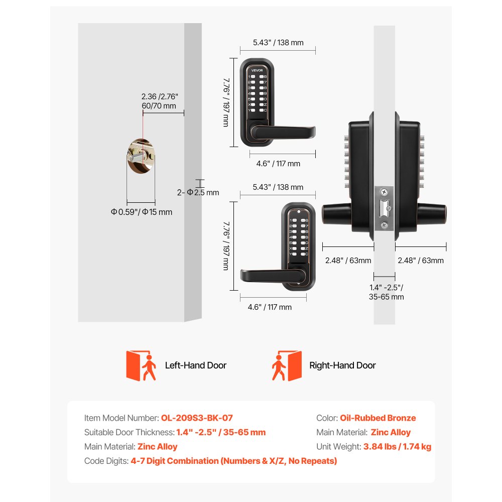 VEVOR Mechanisches Codeschloss mit Doppelseitigem Tastenschloss (4- bis 7-stelliger Code), Schlüsselloses Türschloss mit Griff & Automatischer Verriegelung, für Haustüren Garagen, Ölgebronzefarben