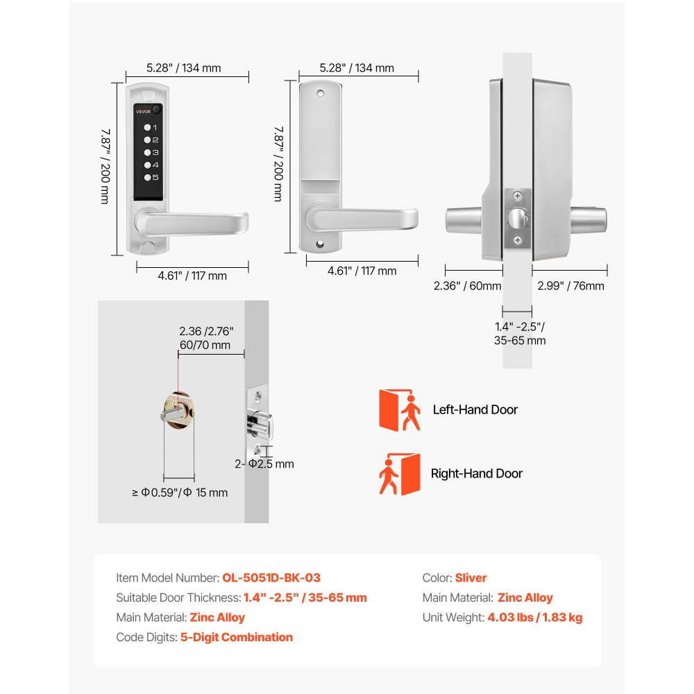 VEVOR Mechanisches Codeschloss mit Einseitigem Tastenschloss (5-stelliger Code), Schlüsselloses Türschloss mit Griff & Automatischer Verriegelung, für Haustüren  Gartentore Garagen Outdoor, Silber