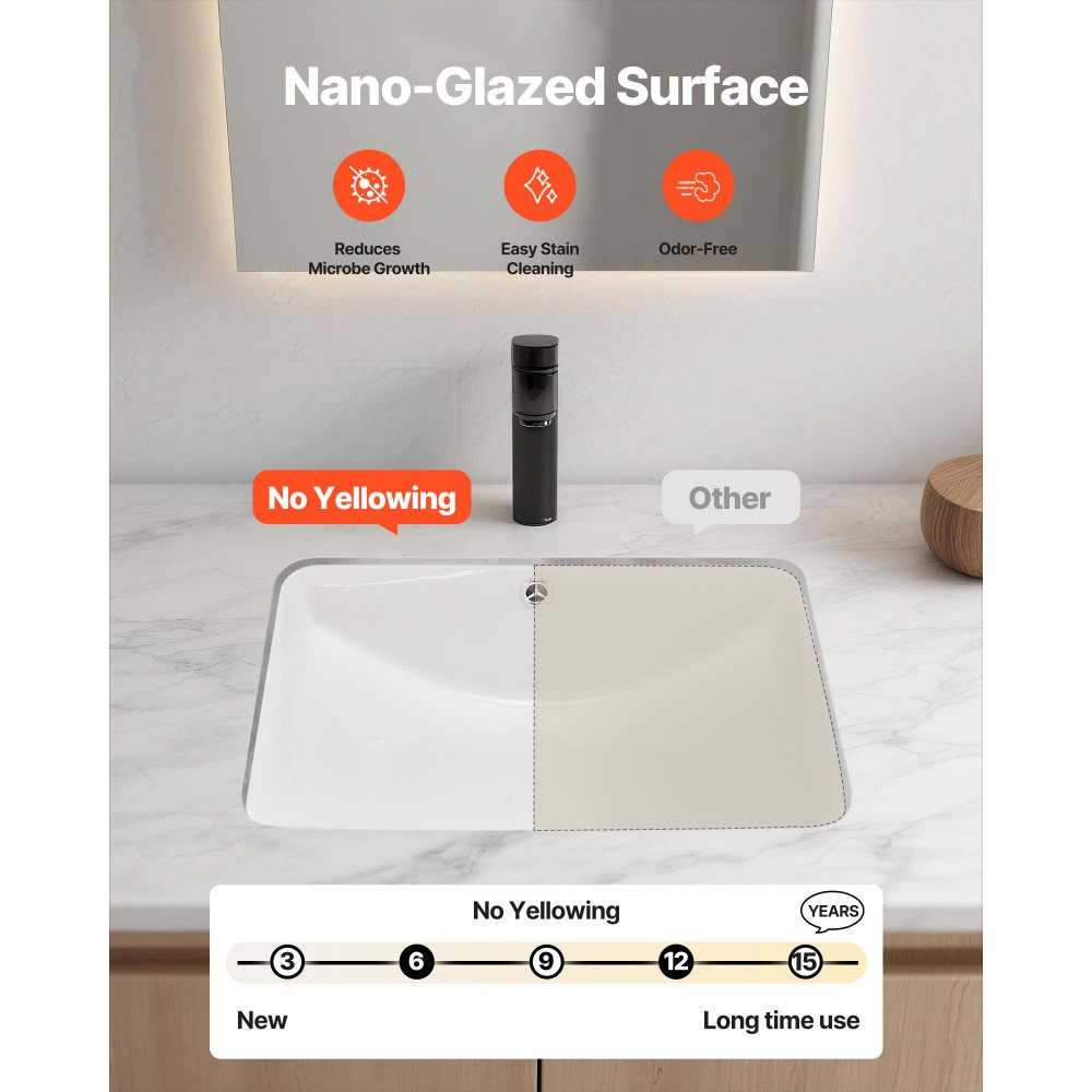 VEVOR Unterbauwaschbecken Handwaschbecken 530 x 375 mm rechteckiges Spülbecken aus Keramik mit Überlaufloch, moderne Unterbauspüle Küchenspüle für kleine Räume, Badezimmerwaschbecken Weiß