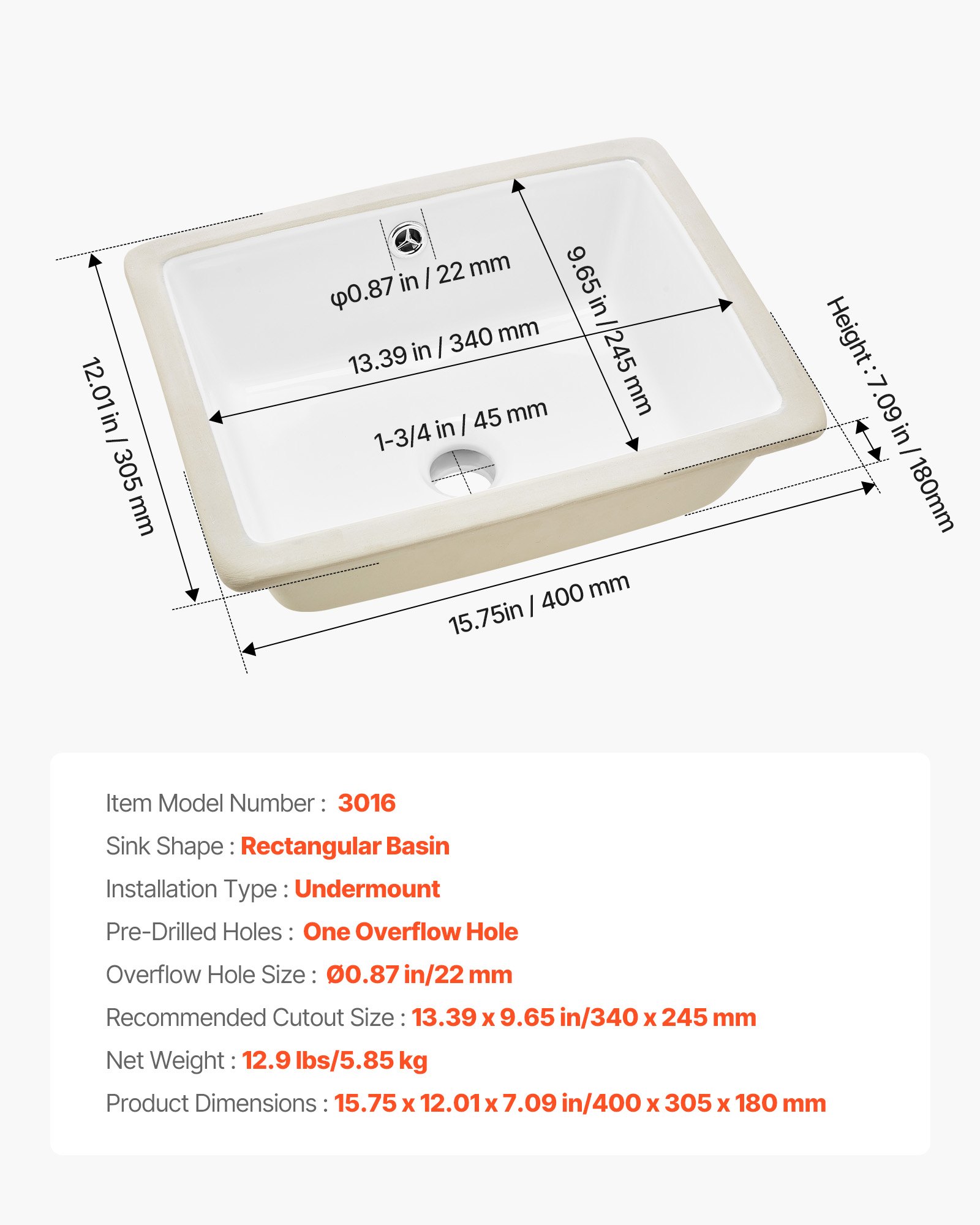 VEVOR Unterbauwaschbecken Handwaschbecken 400 x 305 mm rechteckiges Spülbecken aus Keramik mit Überlaufloch, moderne Unterbauspüle Küchenspüle für kleine Räume, Badezimmerwaschbecken Weiß
