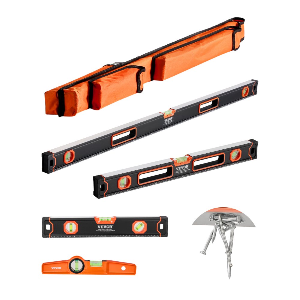 VEVOR 4-teiliges Torpedo-Wasserwaagen-Set, 120/60/40/25cm alle magnetischen Wasserwaagen, Libellen-Lineal für 45/90/180 Grad, magnetisches Kasten-Wasserwaagen-Werkzeug aus Aluminiumlegierung