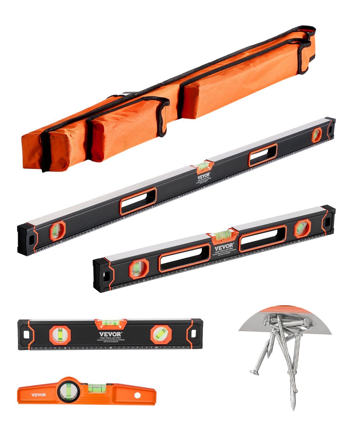 VEVOR 4-teiliges Torpedo-Wasserwaagen-Set, 120/60/40/25cm alle magnetischen Wasserwaagen, Libellen-Lineal für 45/90/180 Grad, magnetisches Kasten-Wasserwaagen-Werkzeug aus Aluminiumlegierung