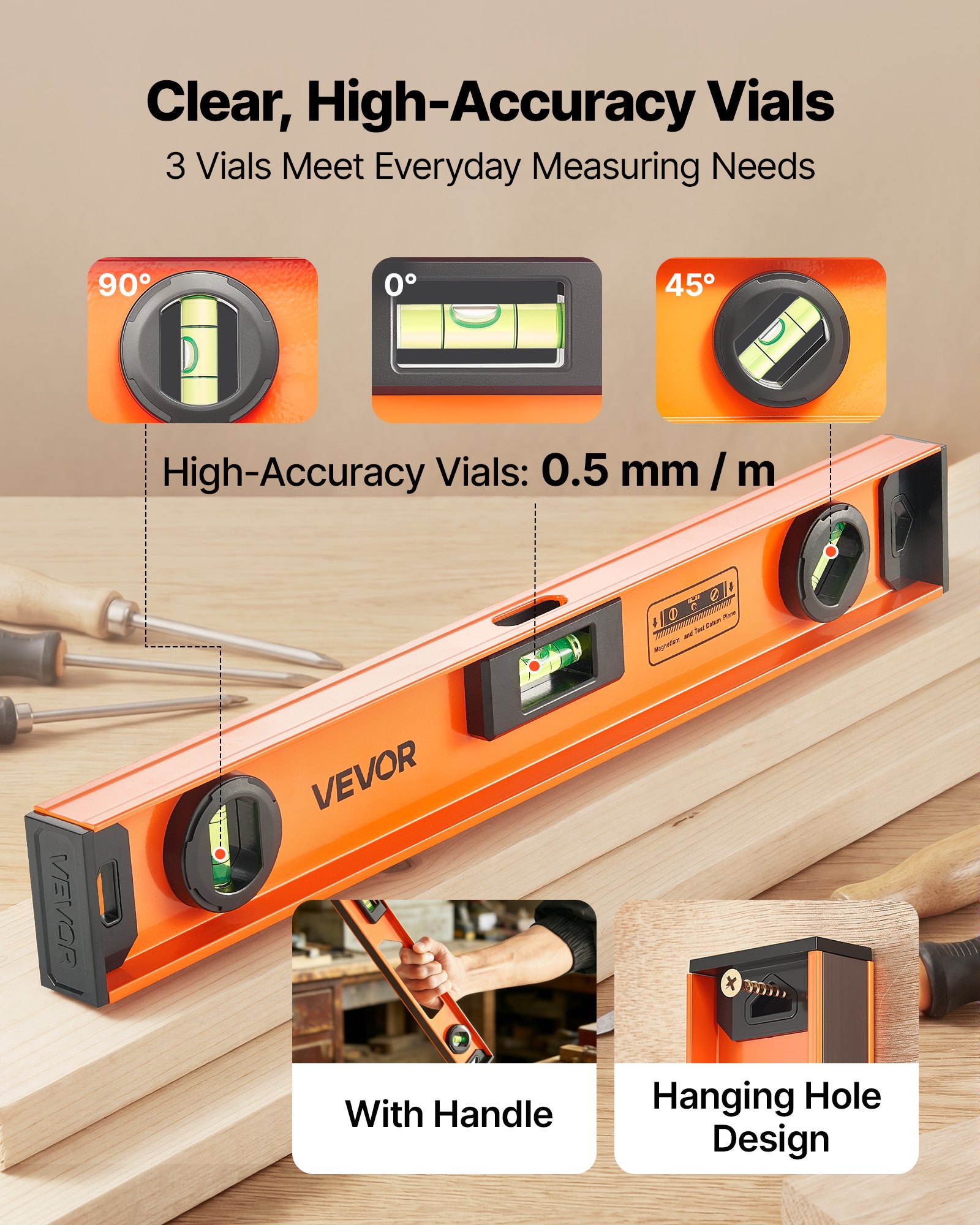 VEVOR 4 tlg. Wasserwaage Set, 40/60/90/120cm Richtwaage mit 3 Libellen 90°/45°/0° & 0,5mm/m Genauigkeit, Maurerwaage Meganetisch mit Aufhängeloch, Stoßfestes Messwerkzeug für Baustelle Hausrenovierung