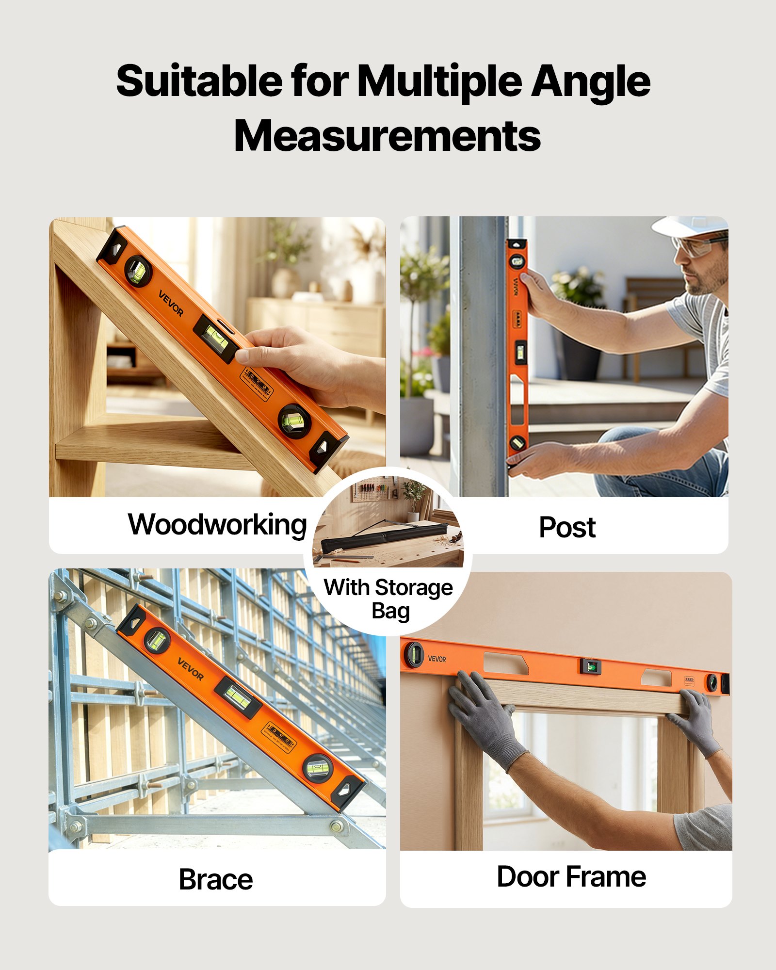 VEVOR 4 tlg. Wasserwaage Set, 40/60/90/120cm Richtwaage mit 3 Libellen 90°/45°/0° & 0,5mm/m Genauigkeit, Maurerwaage Meganetisch mit Aufhängeloch, Stoßfestes Messwerkzeug für Baustelle Hausrenovierung