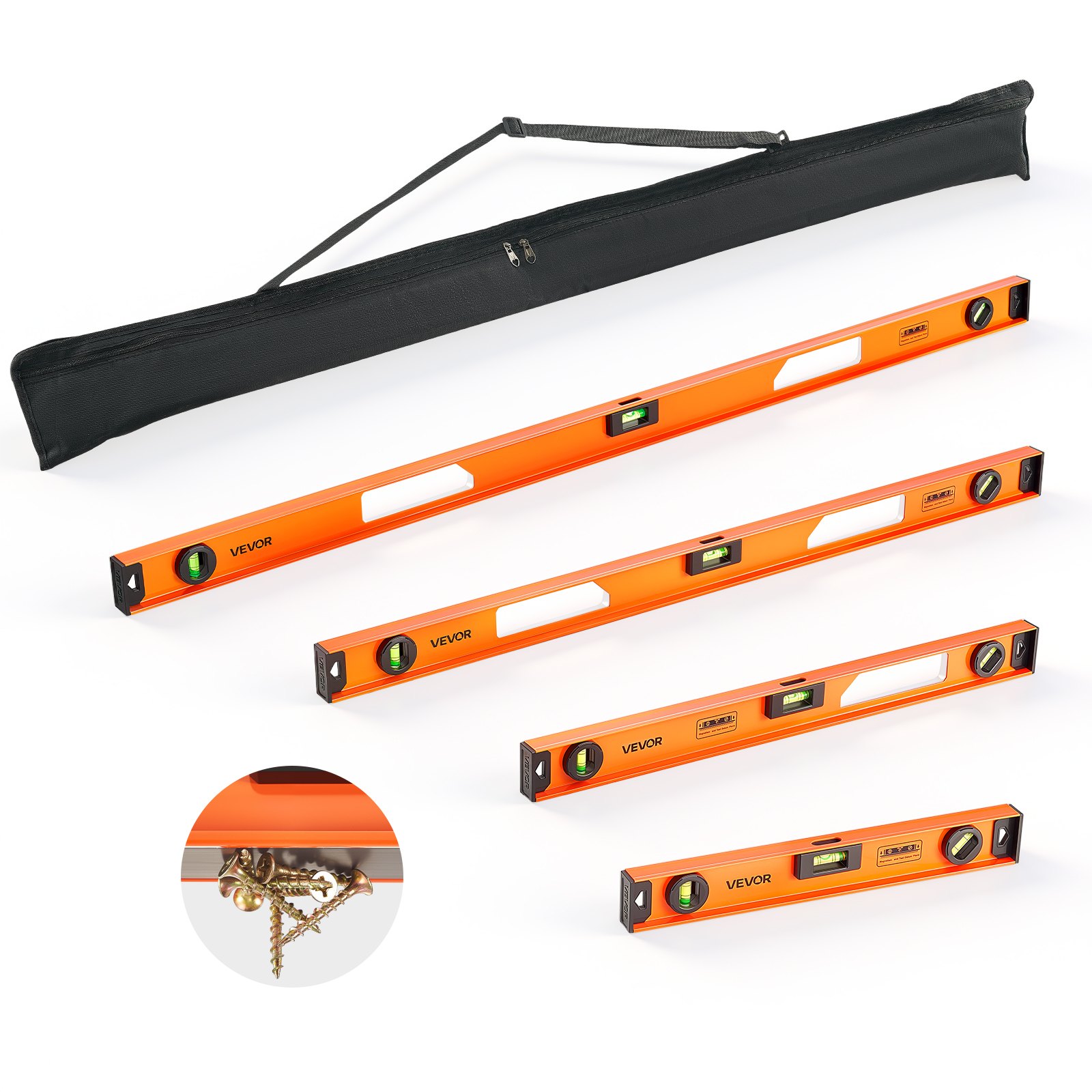 VEVOR 4 tlg. Wasserwaage Set, 40/60/90/120cm Richtwaage mit 3 Libellen 90°/45°/0° & 0,5mm/m Genauigkeit, Maurerwaage Meganetisch mit Aufhängeloch, Stoßfestes Messwerkzeug für Baustelle Hausrenovierung