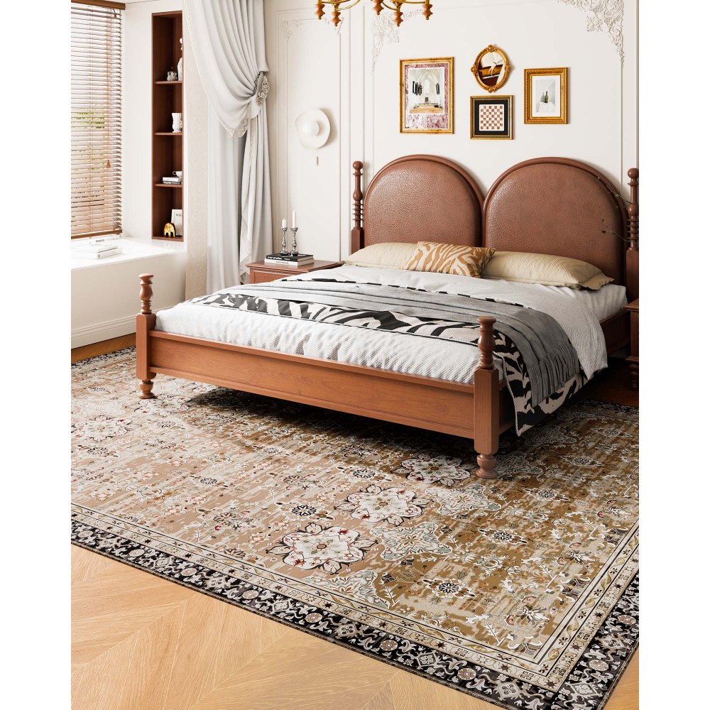 VEVOR Flächenteppich, 2743x3658 mm Kurzflor, waschbarer Teppich, rutschfester Wohnzimmerteppich im Vintage-Stil, Innenmatte für Schlafzimmer, Wohnzimmer, Kinderzimmer, Büro, Braungrün