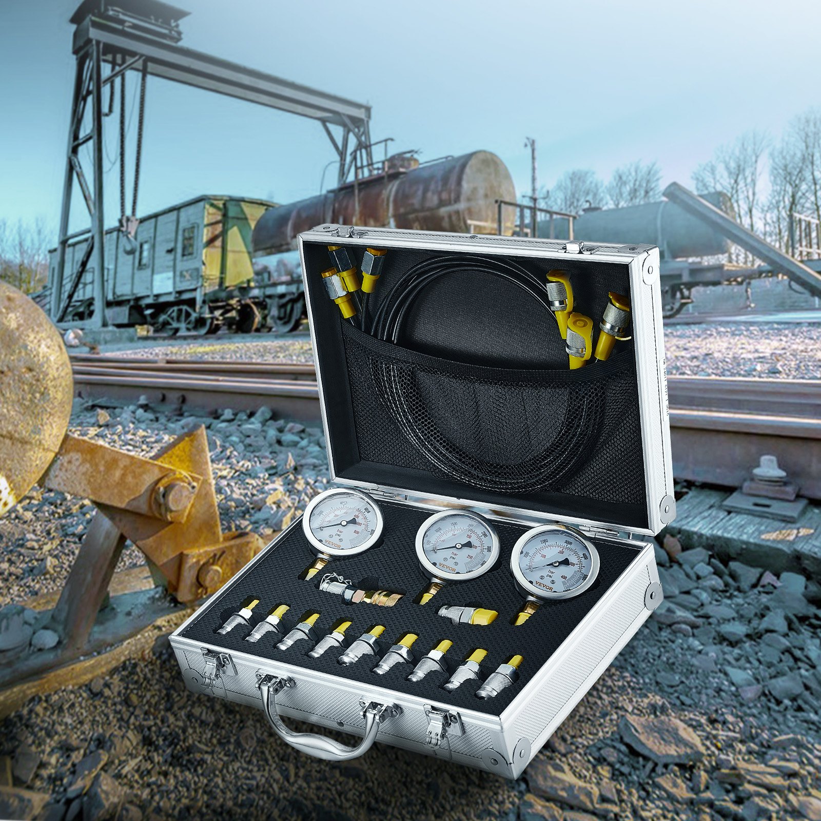 VEVOR Hydraulikdruck-Testset, 250 / 400 / 600 bar, 3 Messgeräte, 11 Prüfkupplungen, 3 Prüfschläuche, Bagger-Hydraulik-Testmessgeräte-Set mit Tragbarer Tragetasche für Bagger, Traktoren, Baumaschinen