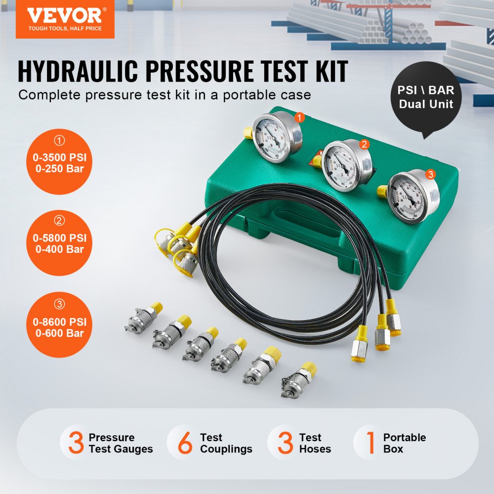 VEVOR Hydraulikdruck-Testset, 250/400/600 bar, 3 Messgeräte, 6 Testkupplungen, 3 Testschläuche, Bagger-Hydraulik-Testmanometer-Set mit Tragbarer Tragetasche für Bagger, Traktoren, Baumaschinen