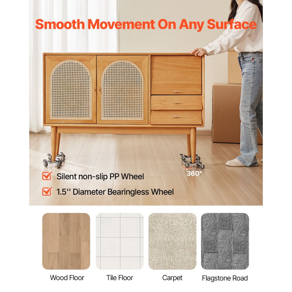 VEVOR Möbelwagen 4er-Set, 158 x 158 x 65 mm, 200 kg Tragkraft, 3-rädriger, Möbelroller aus Stahl mit dreieckiger Lenkrolle, Transportroller für Haushaltsgeräte, Sofa, Kühlschrank