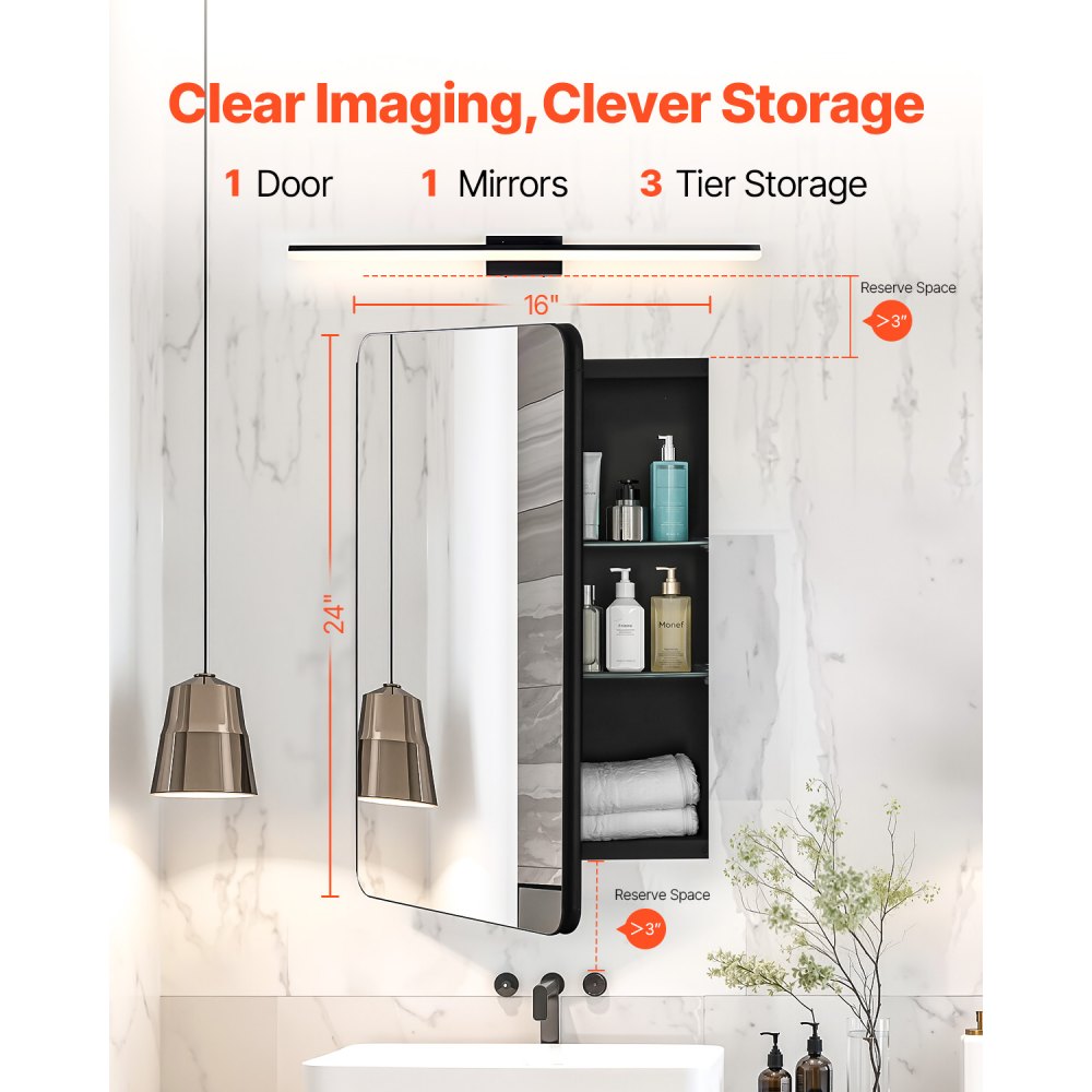 VEVOR Mirror Cabinet, Mirrored Medicine Cabinet (406 x 128 x 610 mm) for Bathrooms with Mirrored Door & Adjustable Glass Shelves, Built-in and Wall Mounting, Aluminum Frame, Bathroom Cabinet