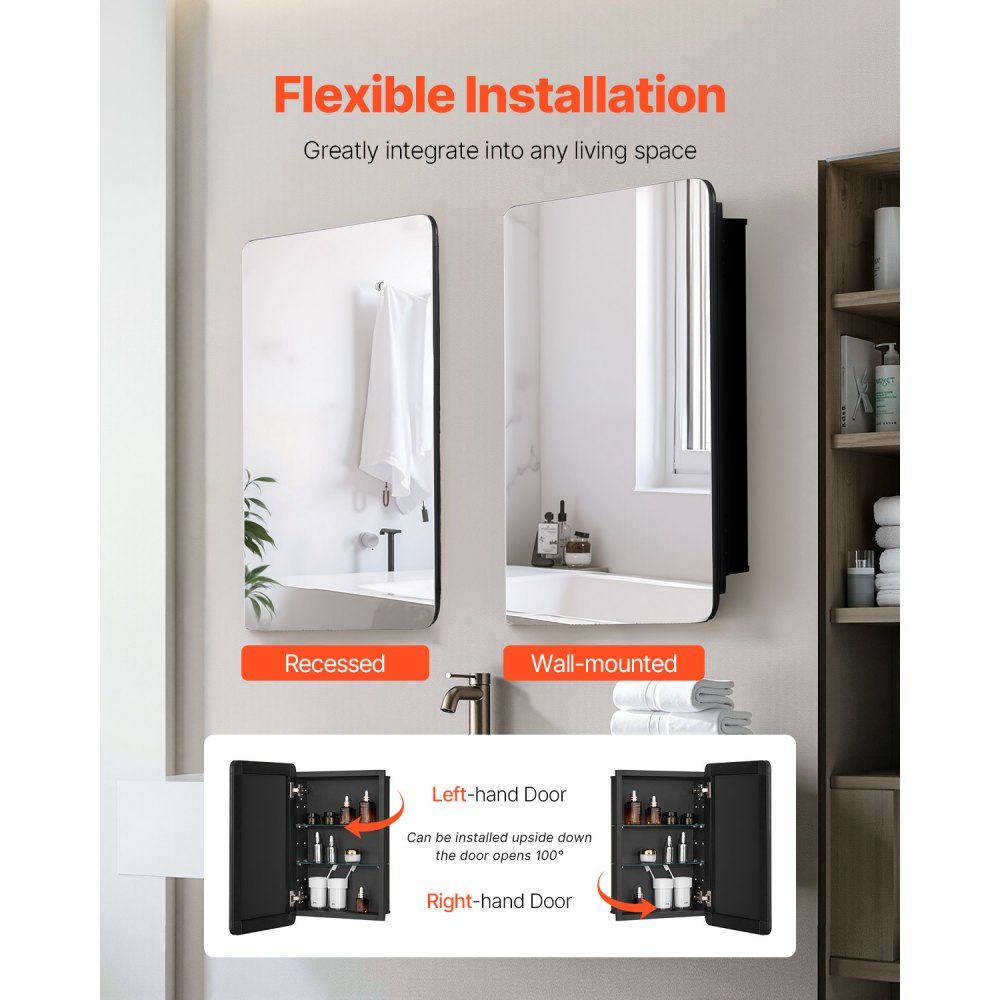 VEVOR Mirror Cabinet, Mirrored Medicine Cabinet (406 x 128 x 610 mm) for Bathrooms with Mirrored Door & Adjustable Glass Shelves, Built-in and Wall Mounting, Aluminum Frame, Bathroom Cabinet