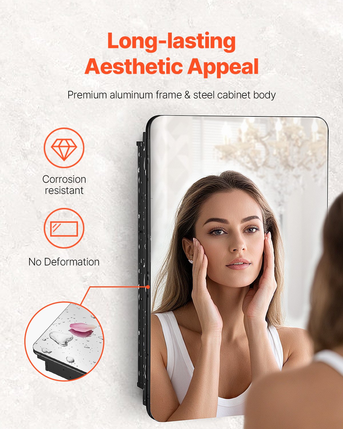 VEVOR Mirror Cabinet, Mirrored Medicine Cabinet (406 x 128 x 610 mm) for Bathrooms with Mirrored Door & Adjustable Glass Shelves, Built-in and Wall Mounting, Aluminum Frame, Bathroom Cabinet