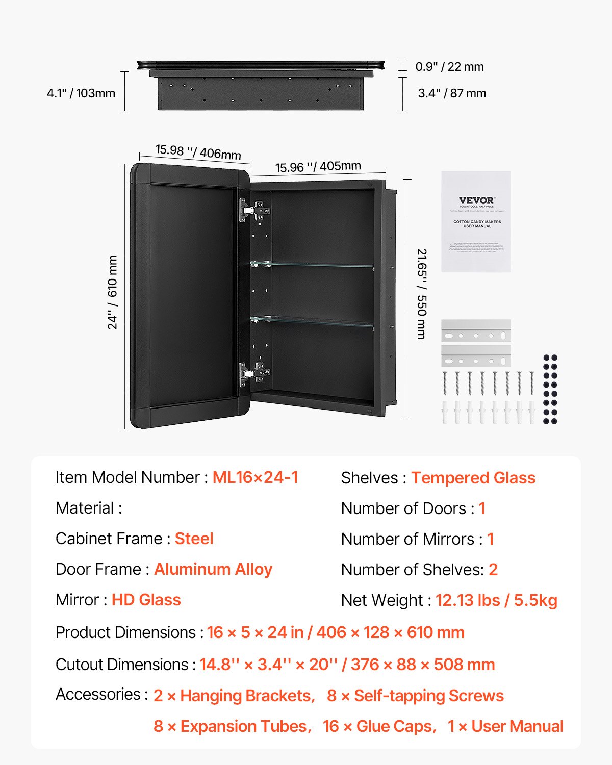 VEVOR Mirror Cabinet, Mirrored Medicine Cabinet (406 x 128 x 610 mm) for Bathrooms with Mirrored Door & Adjustable Glass Shelves, Built-in and Wall Mounting, Aluminum Frame, Bathroom Cabinet