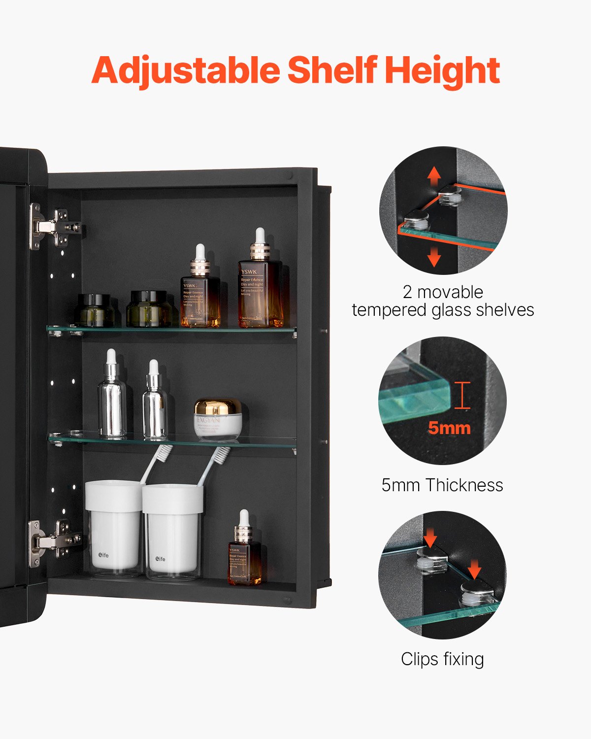 VEVOR Spiegelschrank verspiegelter Arzneischrank Medizinschrank (406 x 128 x 610 mm) für Badezimmer mit Spiegeltür & verstellbaren Glasböden, Einbau- und Wandmontage, Aluminiumrahmen, Badschrank