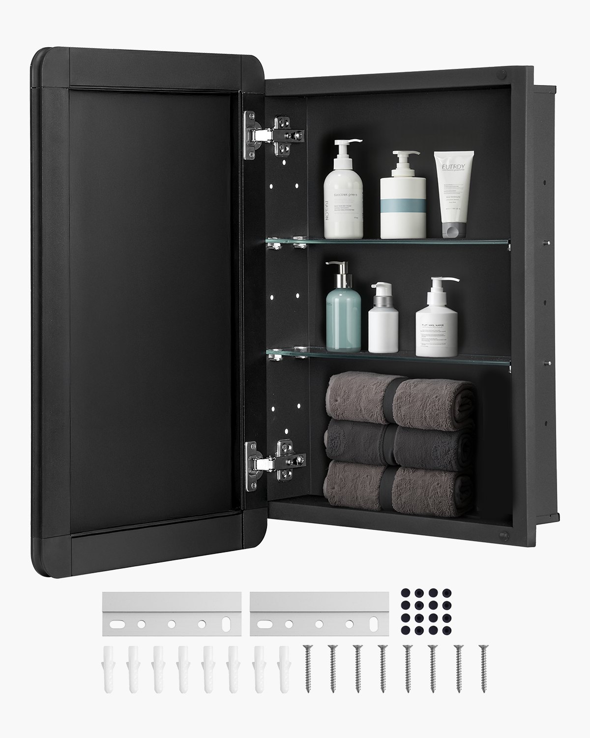 VEVOR Spiegelschrank verspiegelter Arzneischrank Medizinschrank (406 x 128 x 610 mm) für Badezimmer mit Spiegeltür & verstellbaren Glasböden, Einbau- und Wandmontage, Aluminiumrahmen, Badschrank